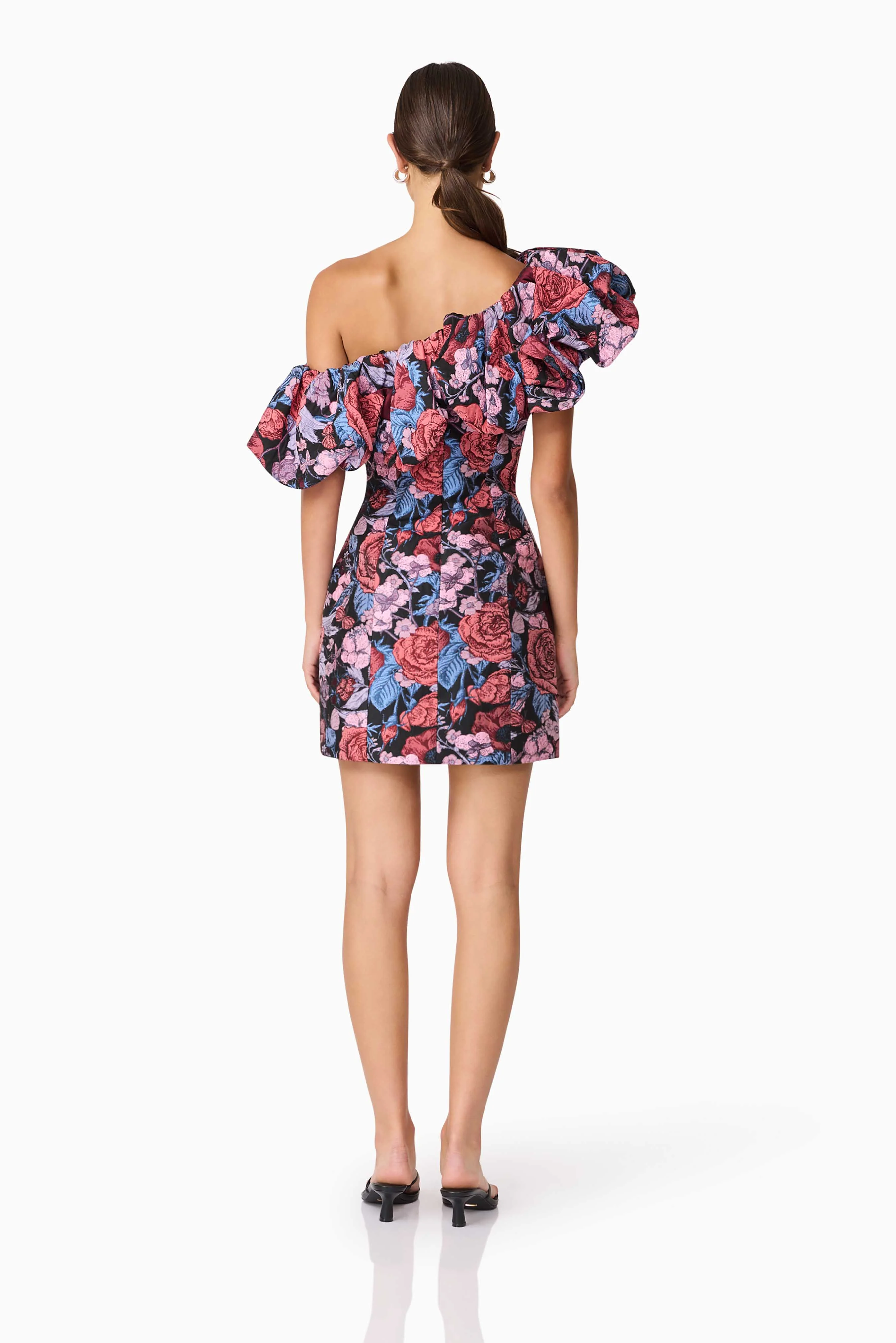 Delphine One Shoulder Mini Dress in Pink & Black Floral - Image 5
