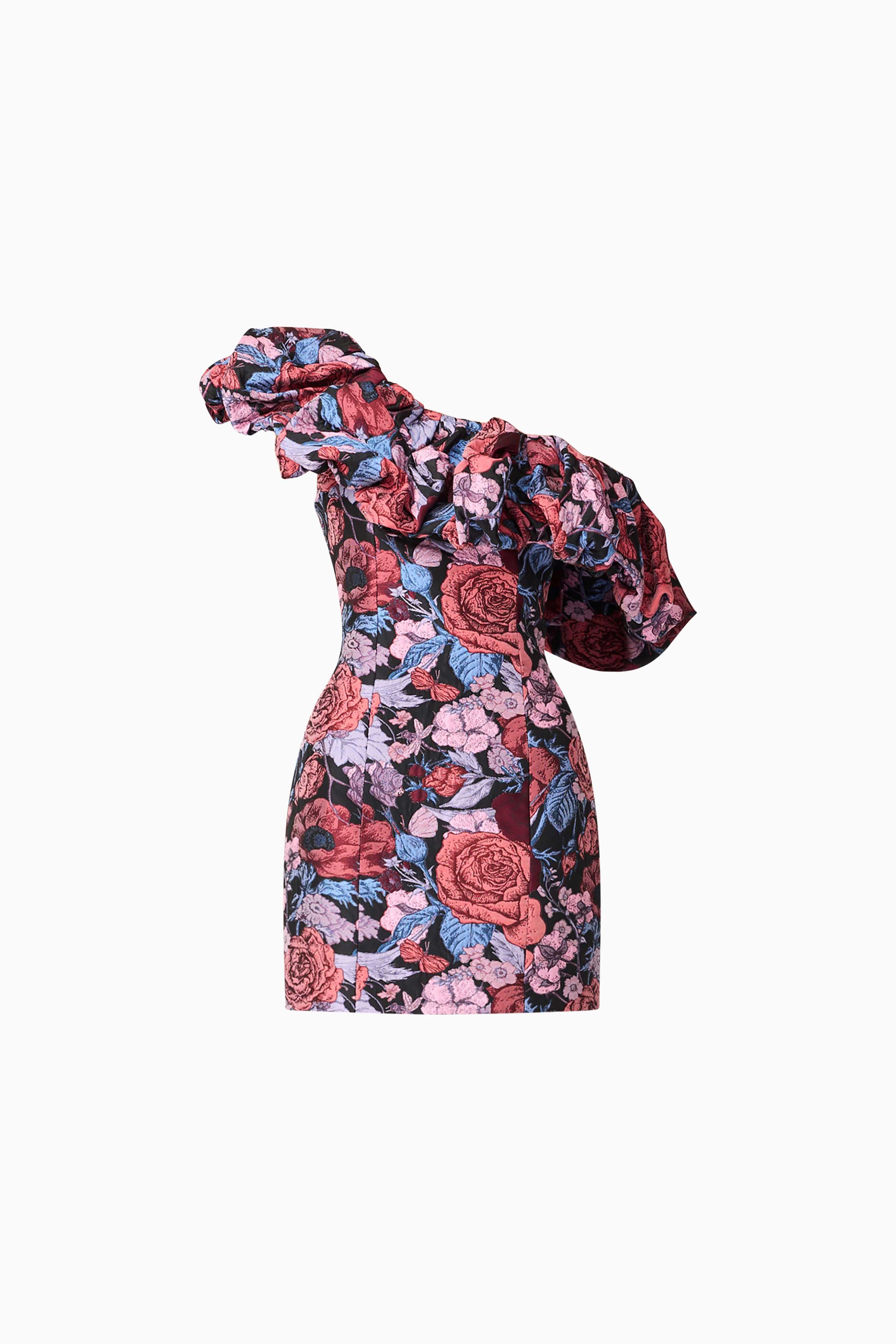 Delphine One Shoulder Mini Dress in Pink & Black Floral - Image 7
