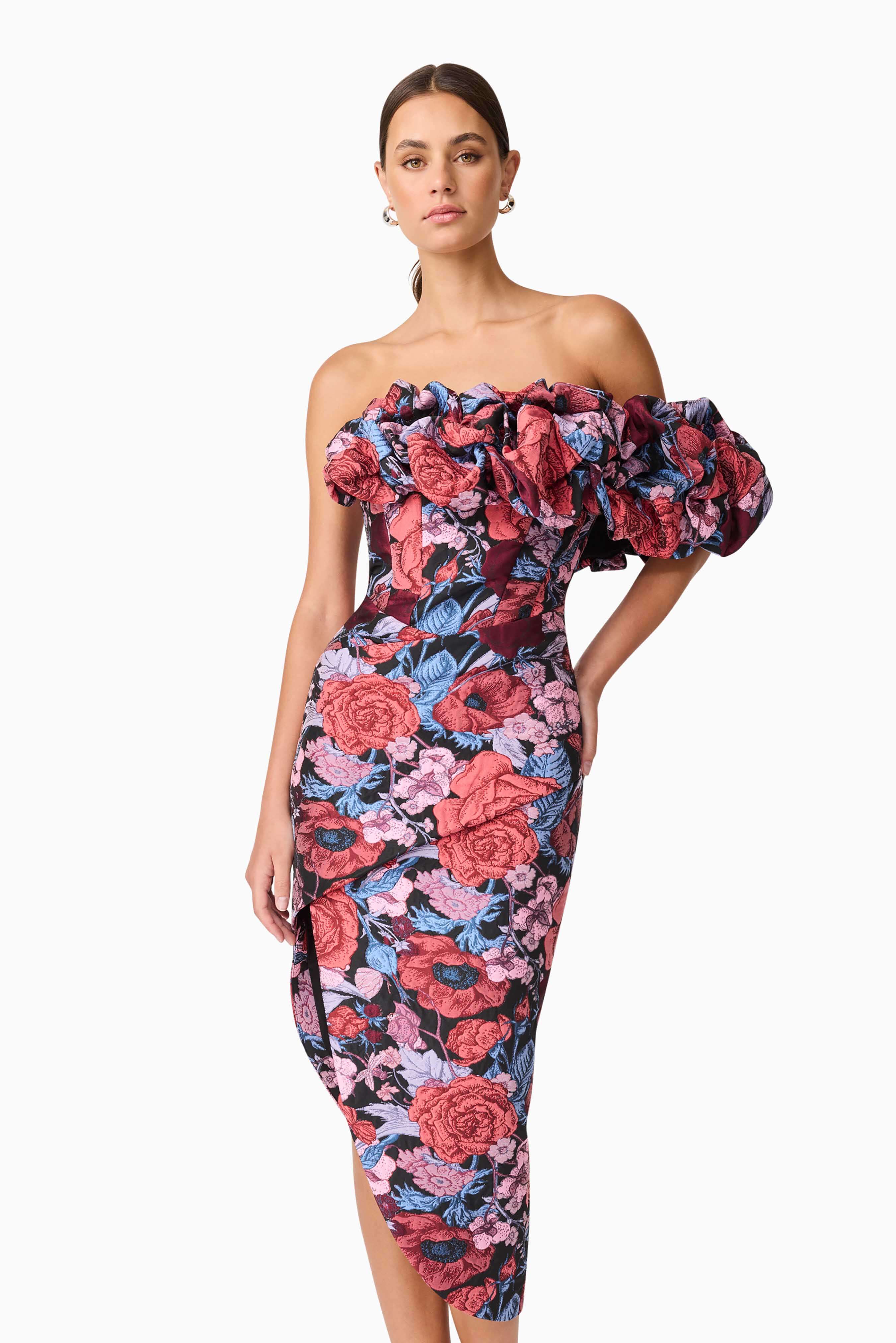 Delphine Off The Shoulder Midi Dress in Pink & Back Floral - Image 6