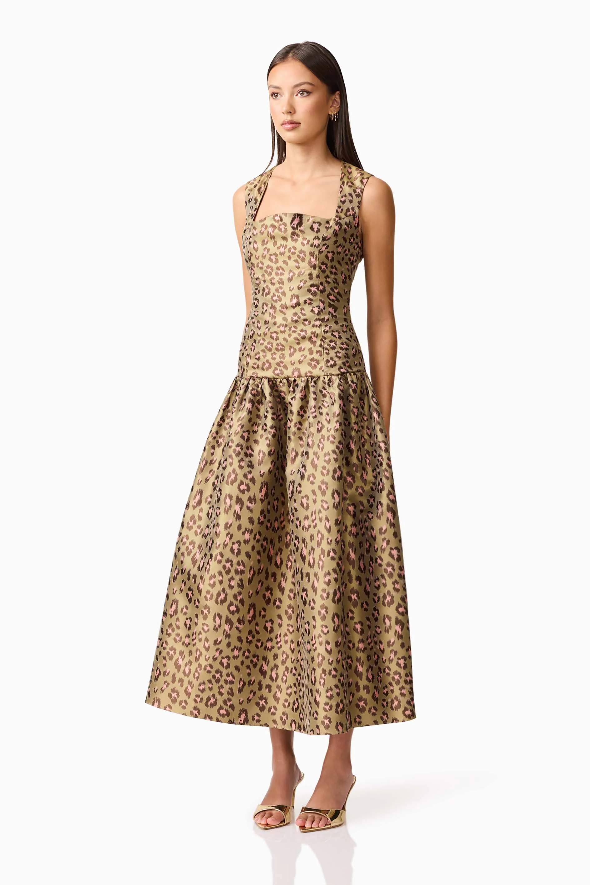 Elara Drop Waist Midi Dress in Leopard Print - Image 3