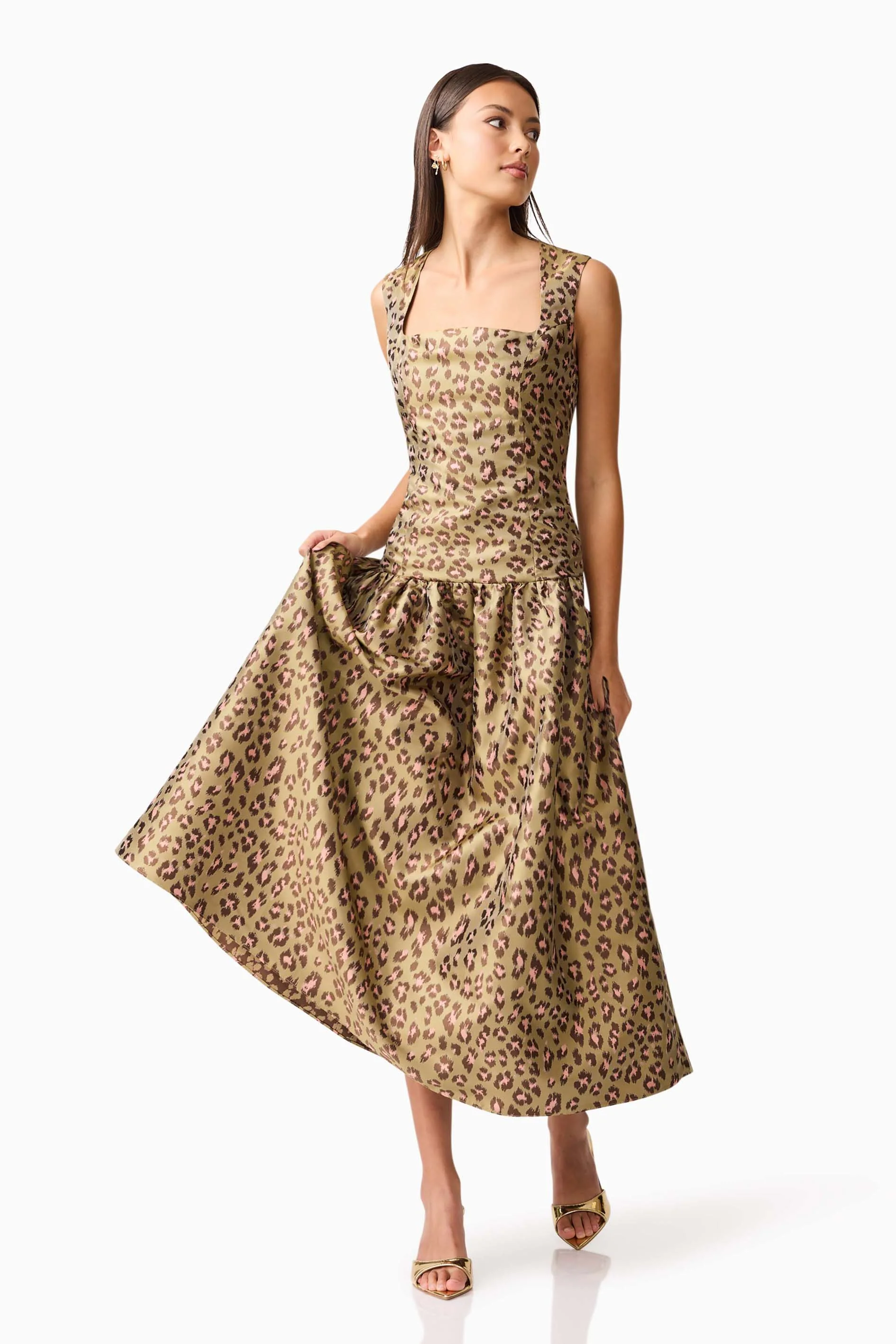 Elara Drop Waist Midi Dress in Leopard Print - Image 4