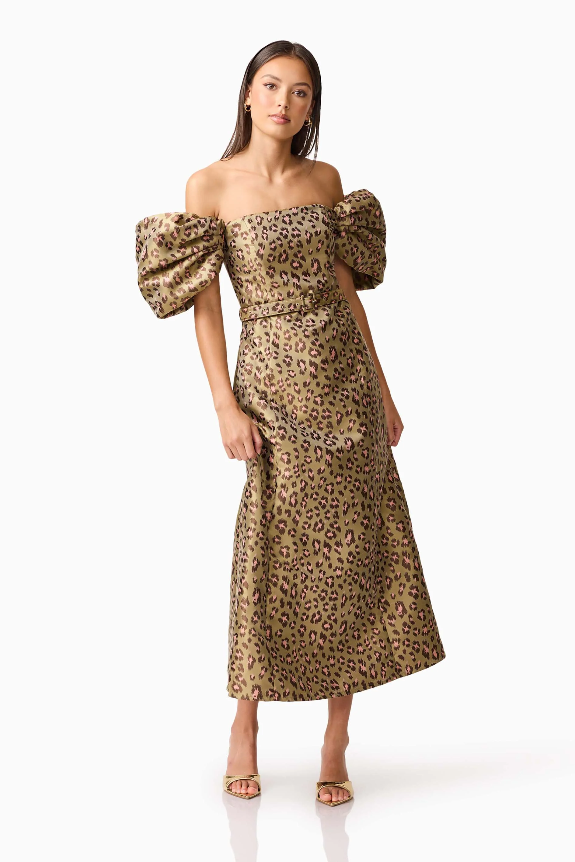 Elara Off The Shoulder Midi Dress in Leopard Print - Image 4