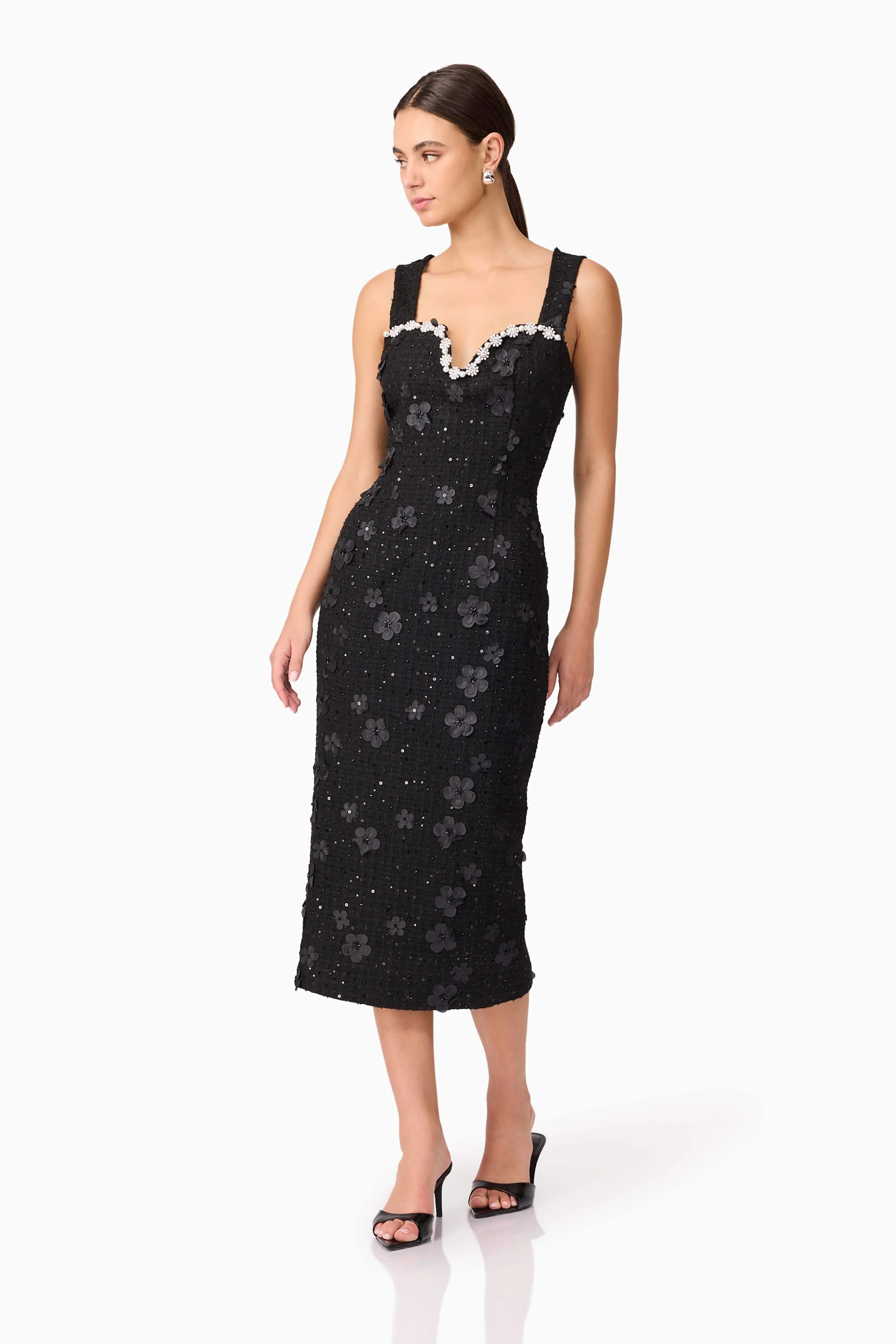 Ellouise Embellished Tweed Midi Dress in Black - Image 3
