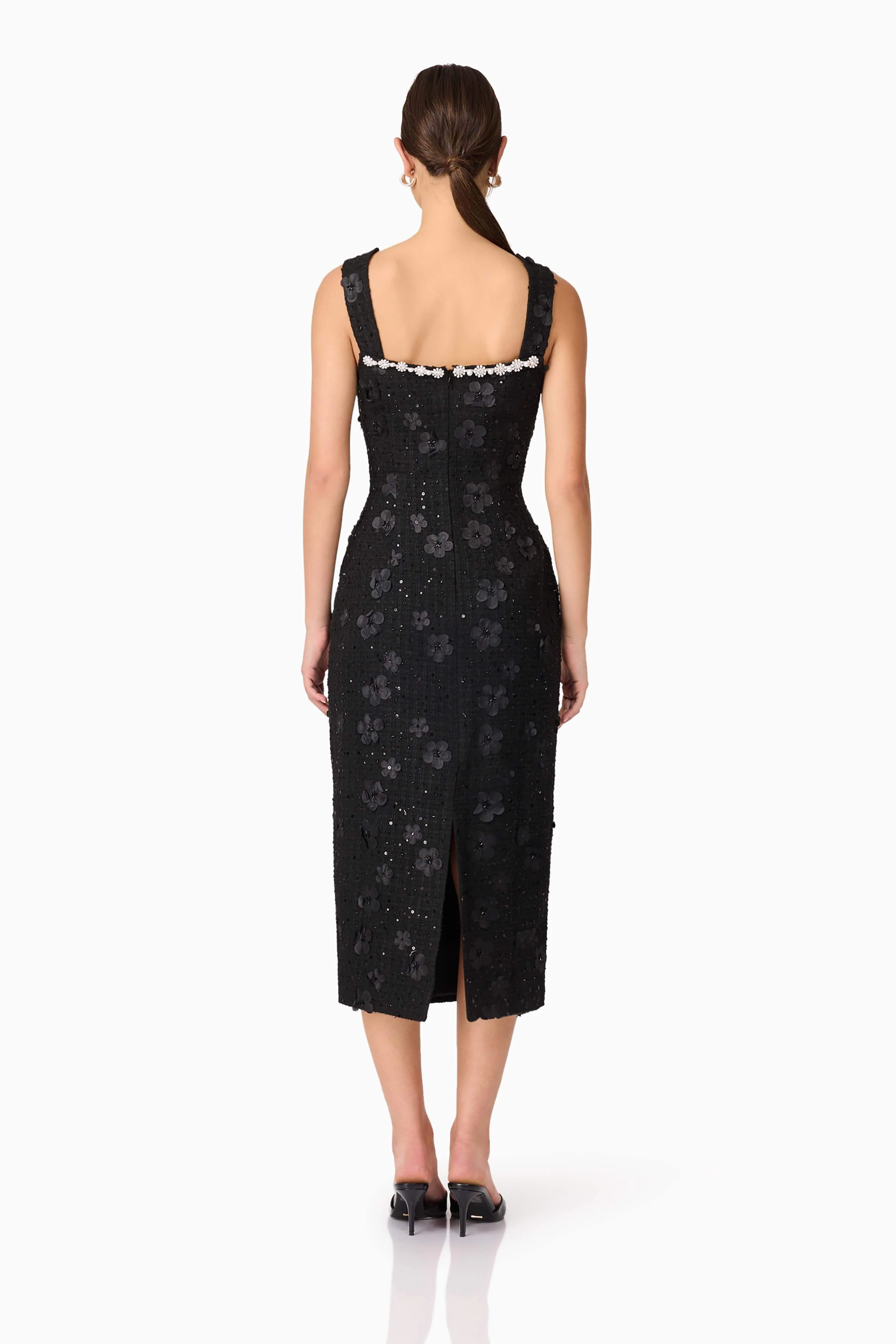 Ellouise Embellished Tweed Midi Dress in Black - Image 4
