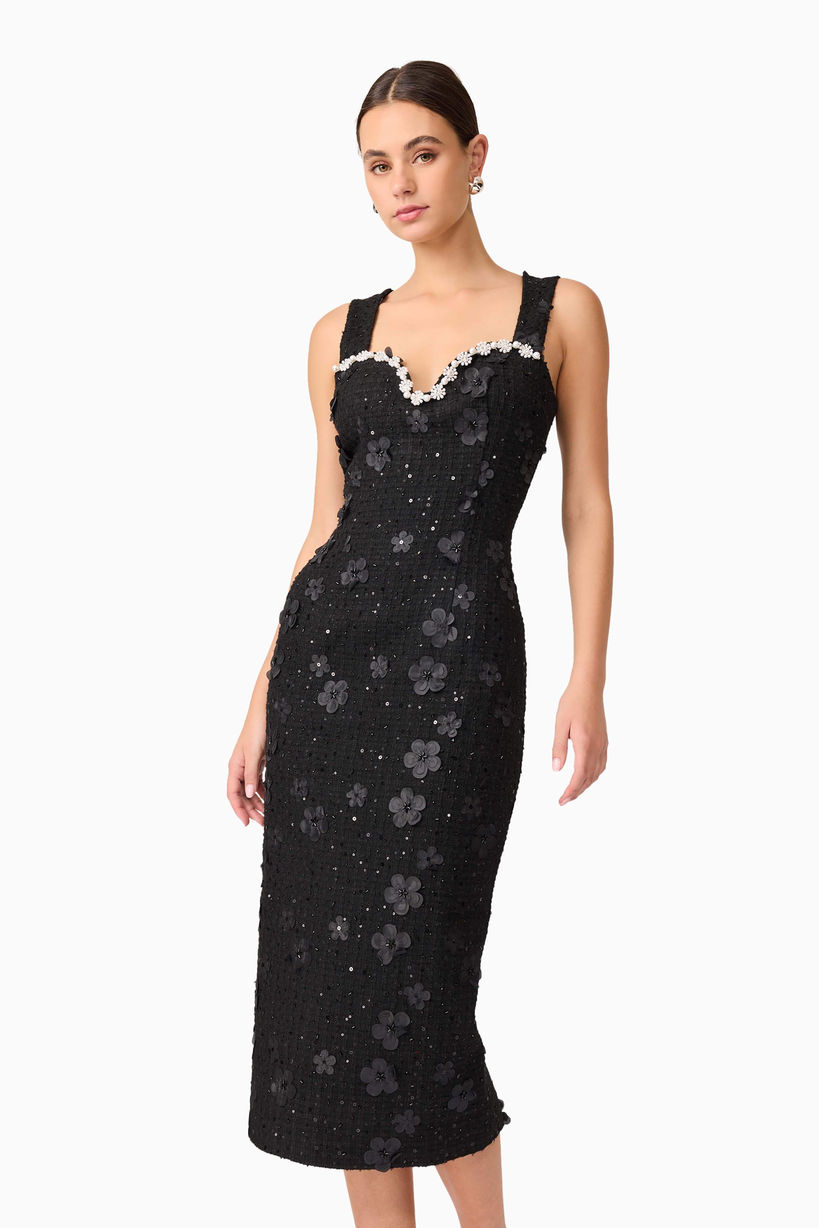 Ellouise Embellished Tweed Midi Dress in Black - Image 5