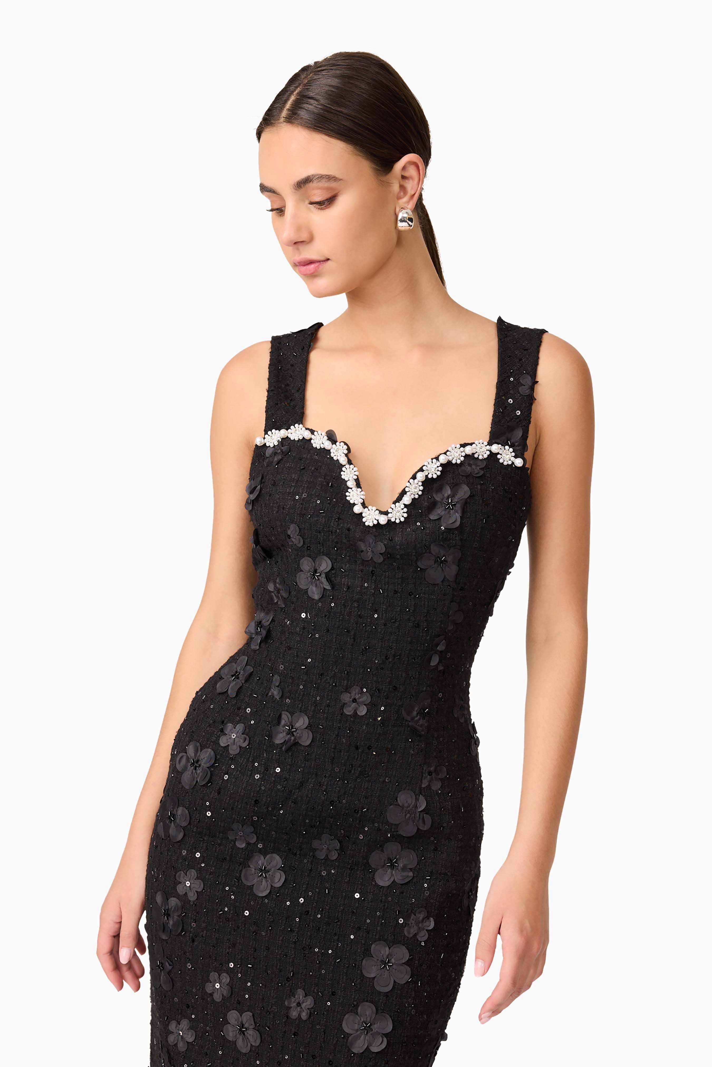 Ellouise Embellished Tweed Midi Dress in Black - Image 6