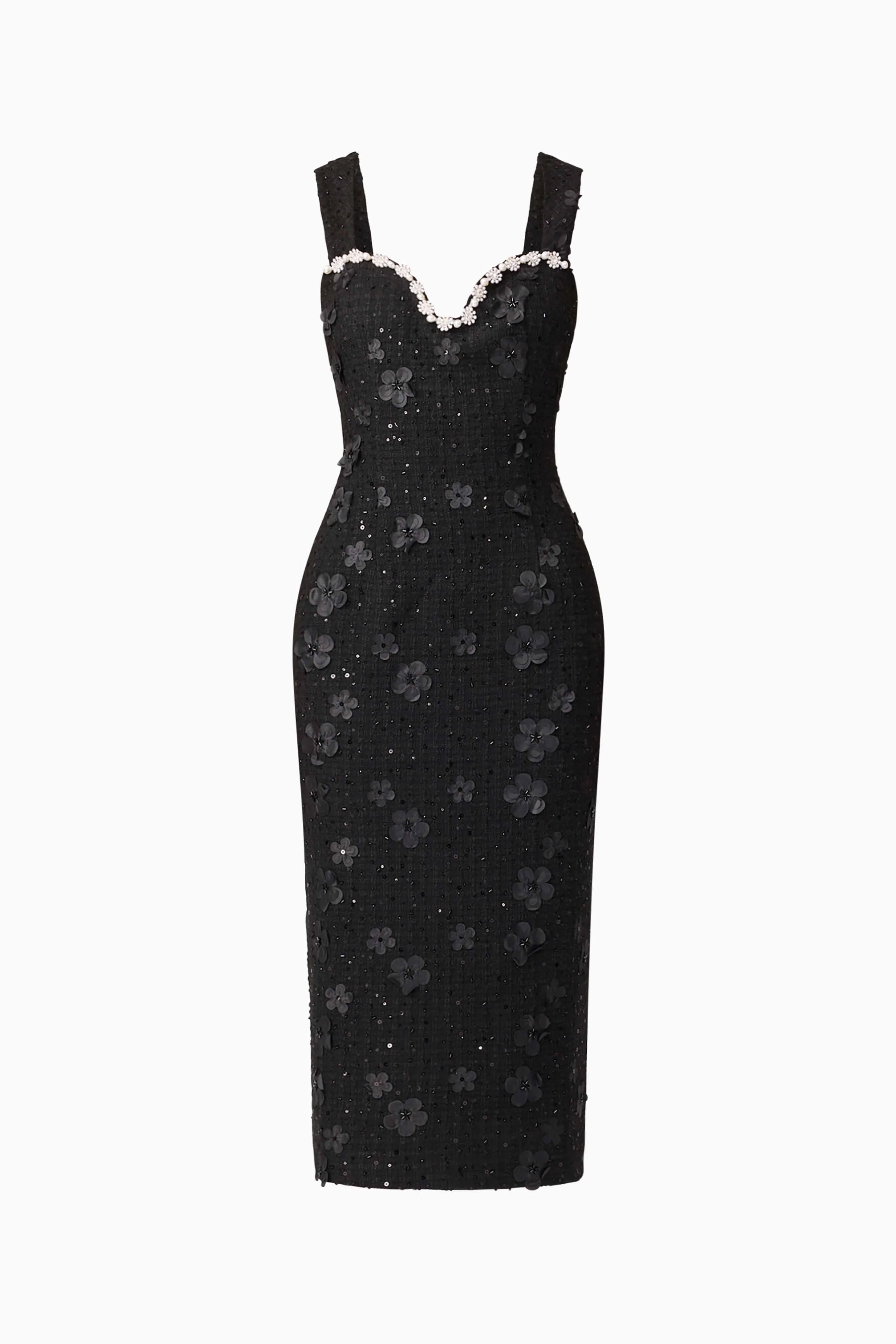 Ellouise Embellished Tweed Midi Dress in Black - Image 8