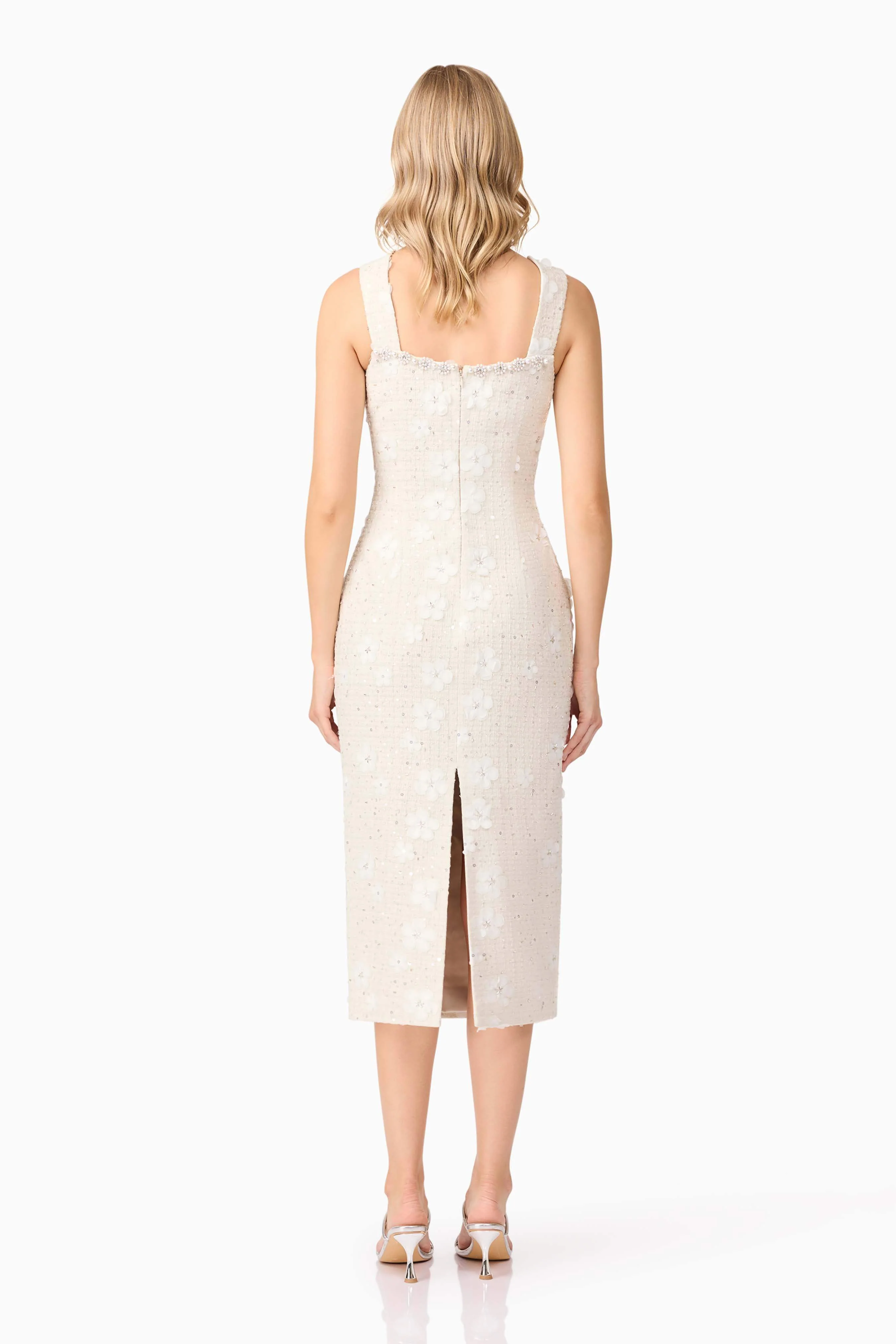 Ellouise Embellished Tweed Midi Dress in White - Image 4