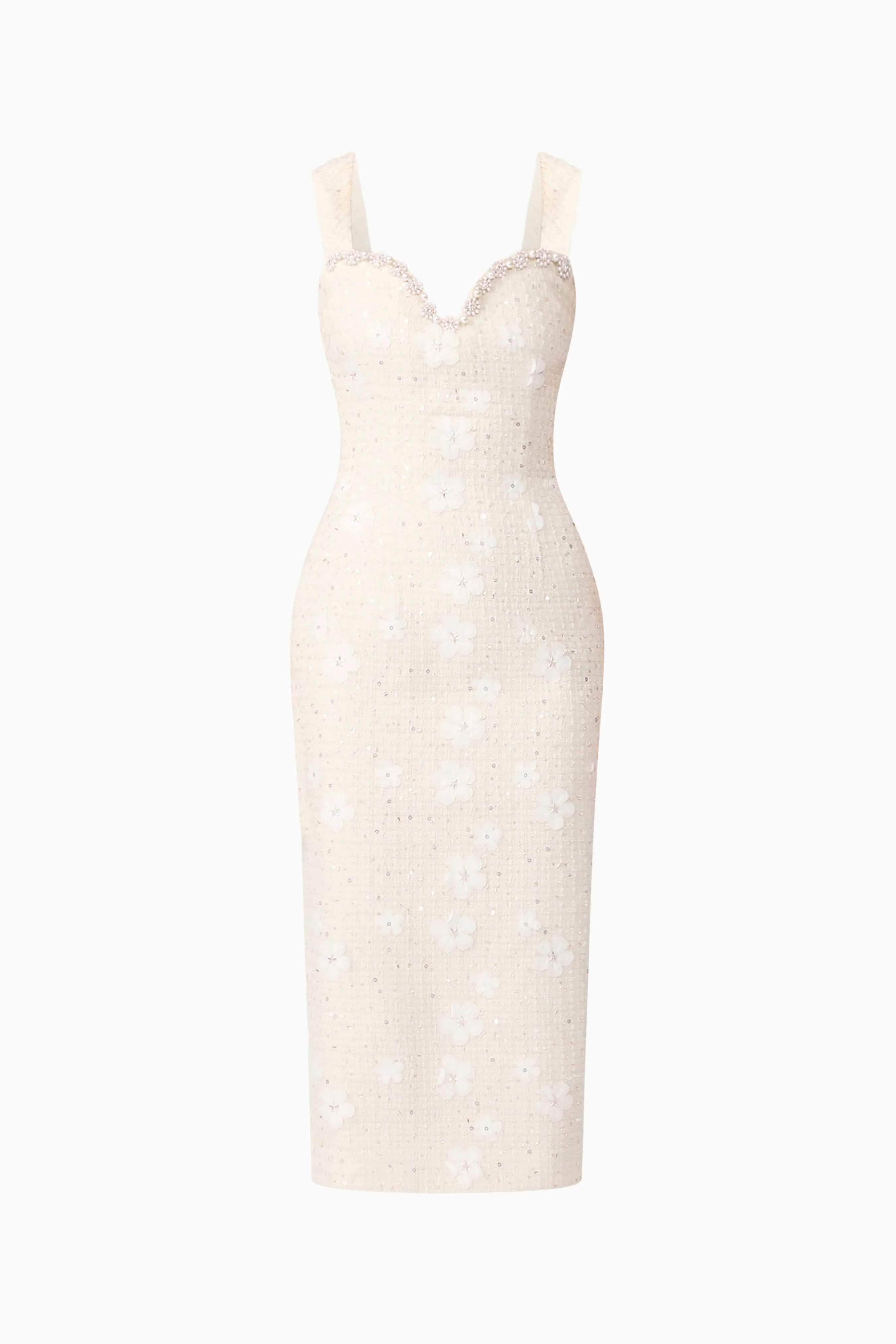 Ellouise Embellished Tweed Midi Dress in White - Image 8