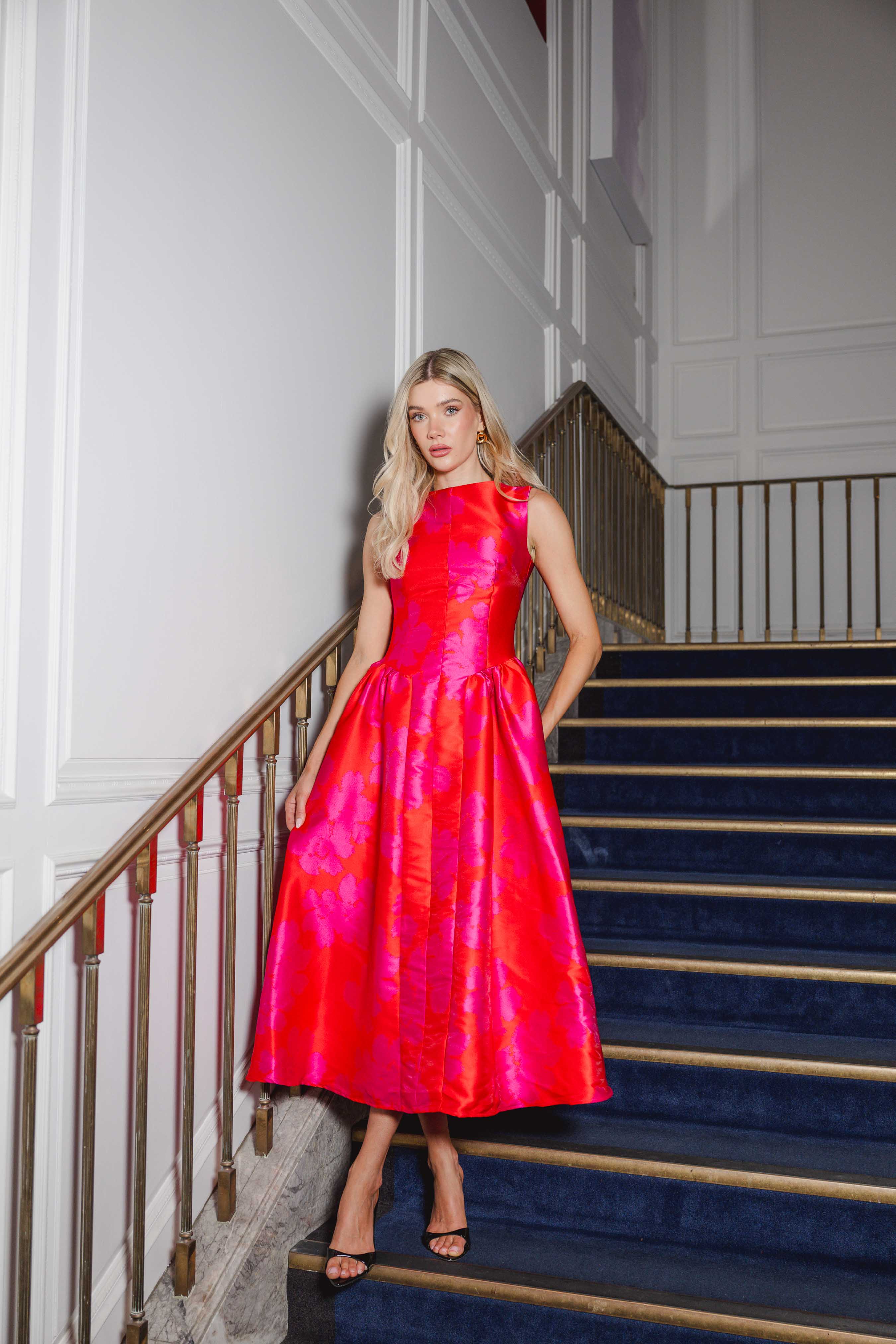 Eloise A-Line Midi Dress in Pink & Red - Image 2