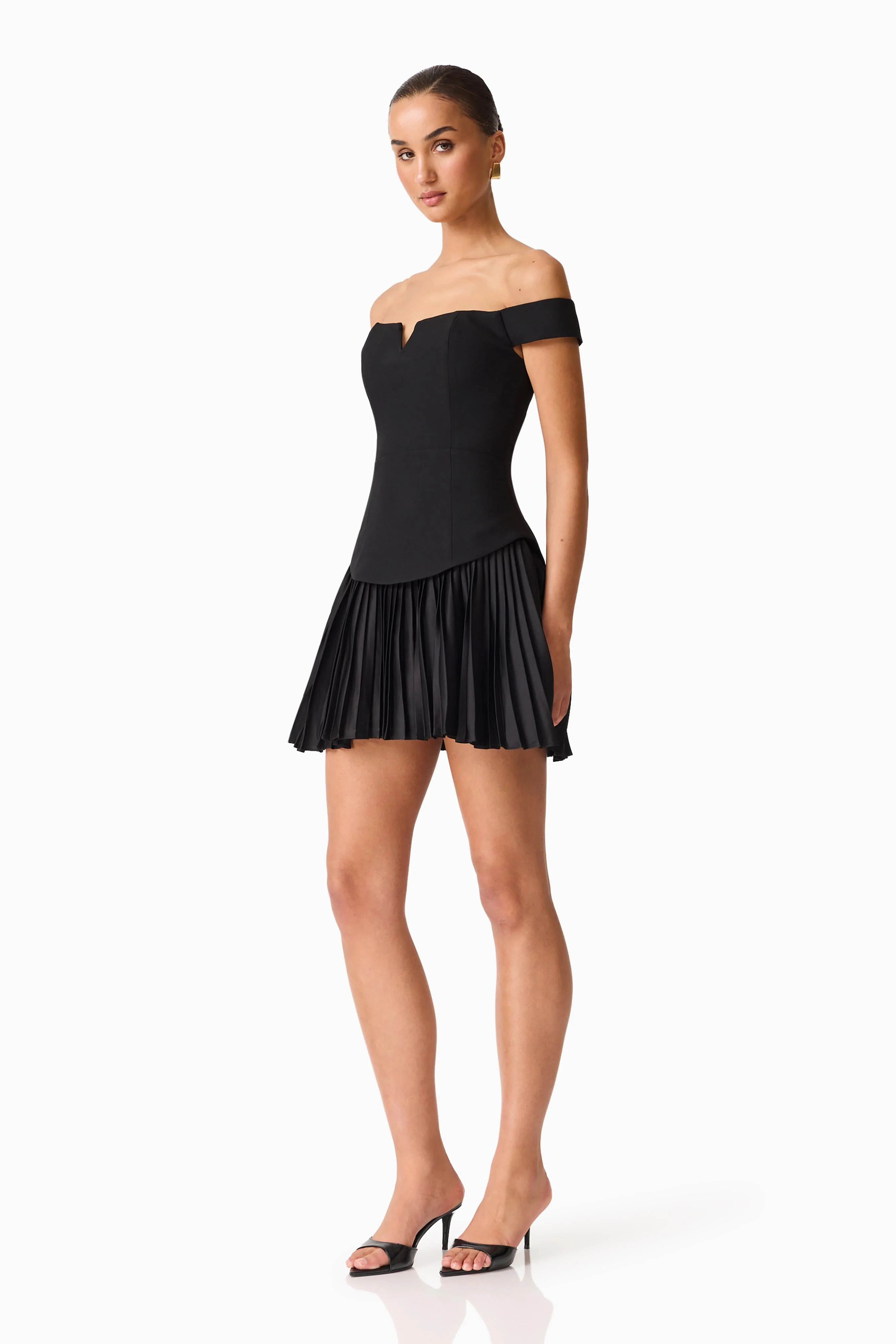 Elva Off Shoulder Mini Dress in Black - Image 3