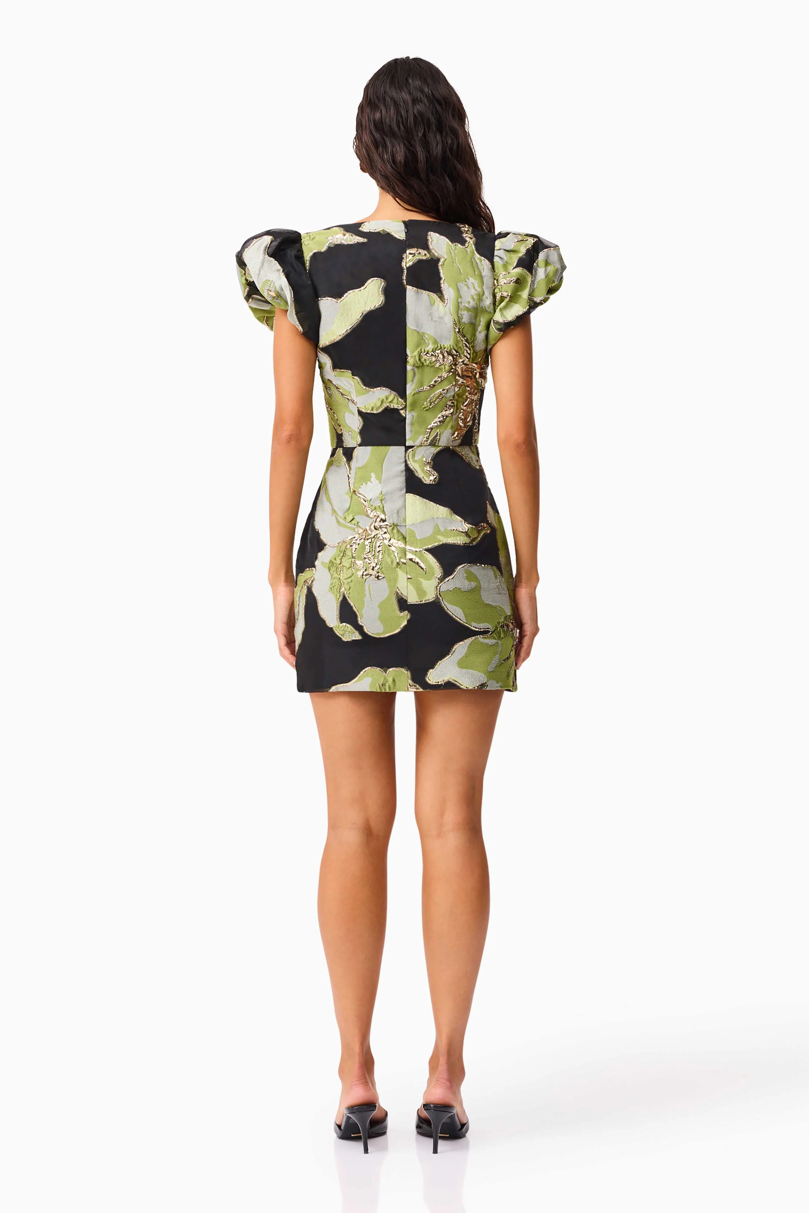 Elysia Cap Sleeve Mini Dress in Black & Green Floral - Image 5