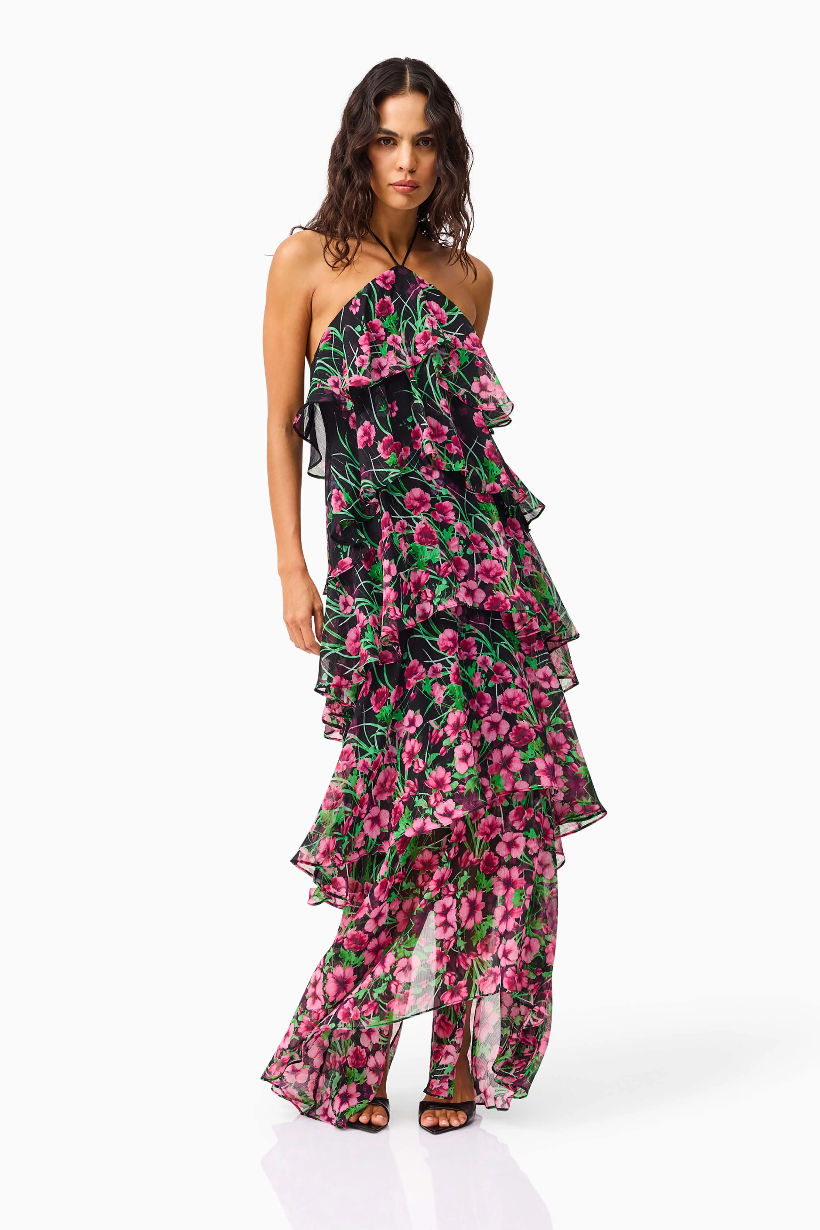 Estelle Halter Gown in Black & Pink Floral - Image 4