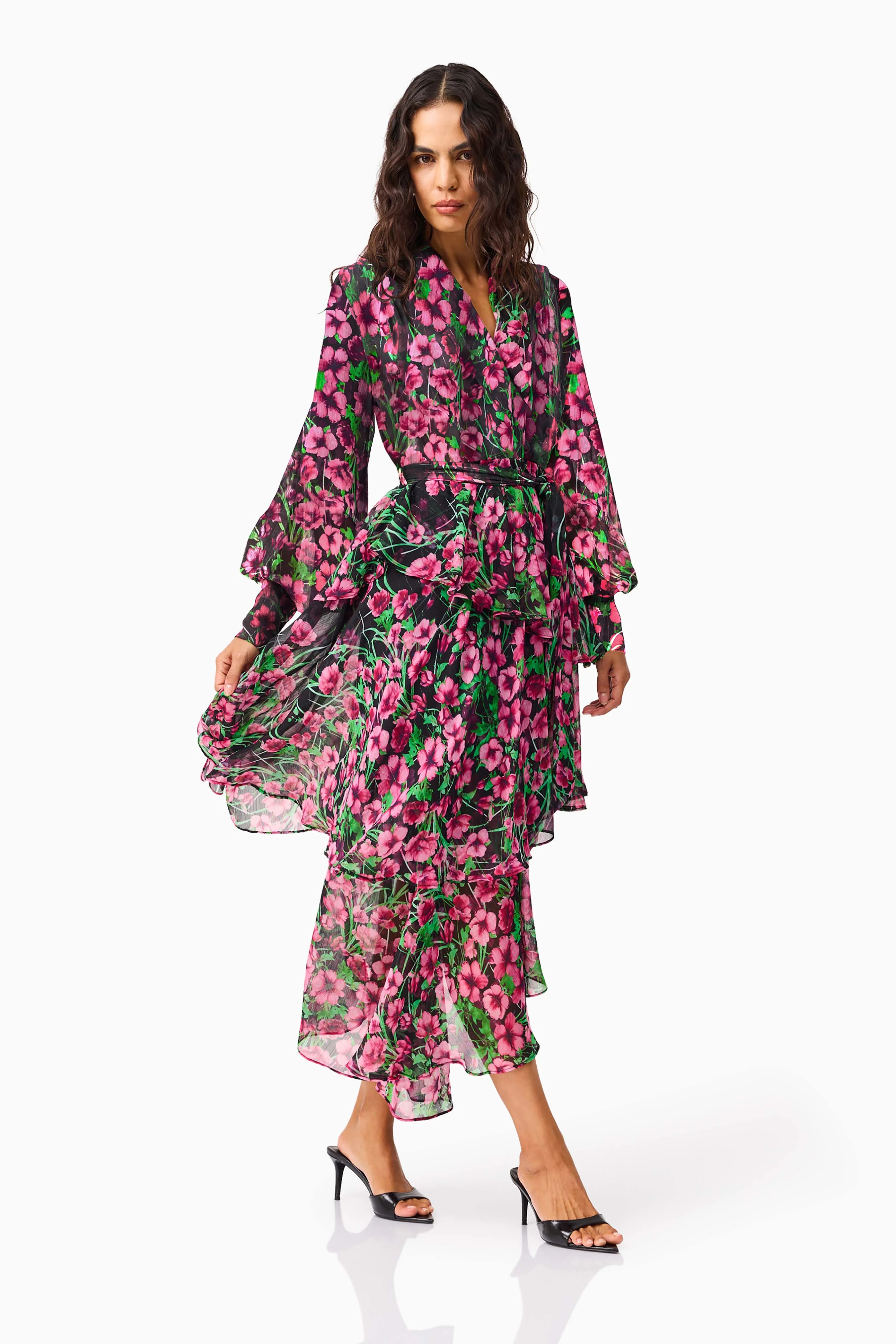 Estelle Long Sleeve Maxi Dress in Black & Pink Floral - Image 2