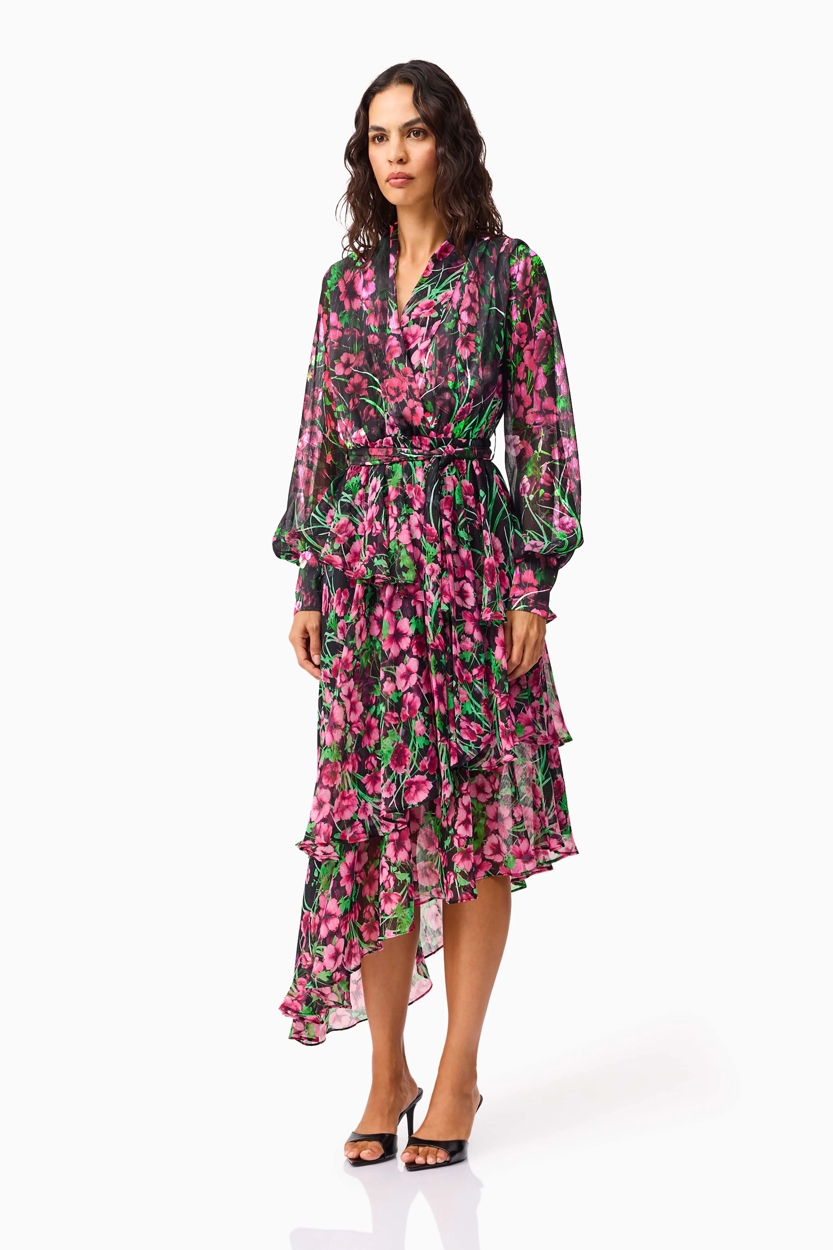 Estelle Long Sleeve Maxi Dress in Black & Pink Floral - Image 3