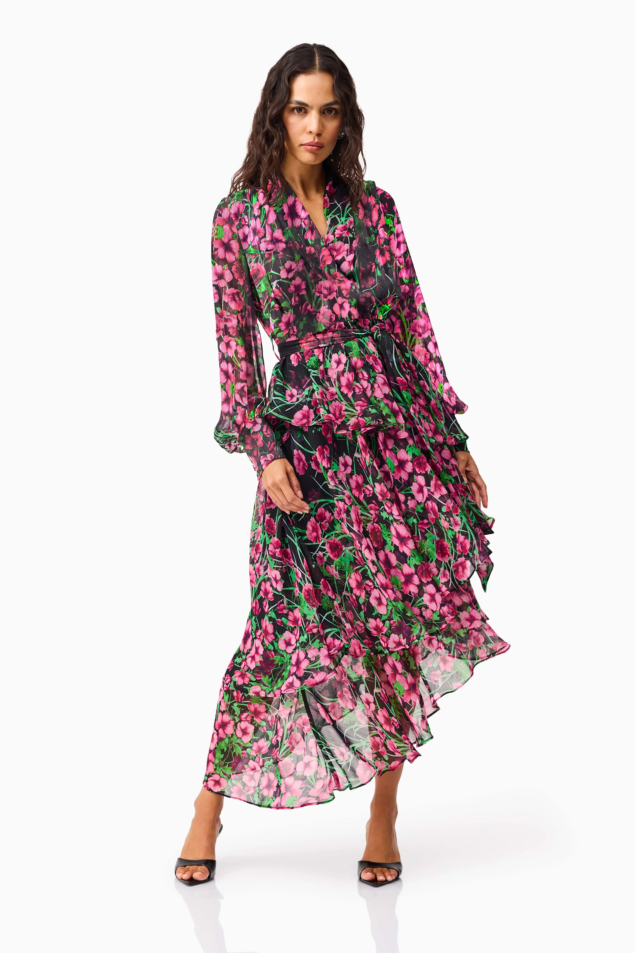 Estelle Long Sleeve Maxi Dress in Black & Pink Floral - Image 4