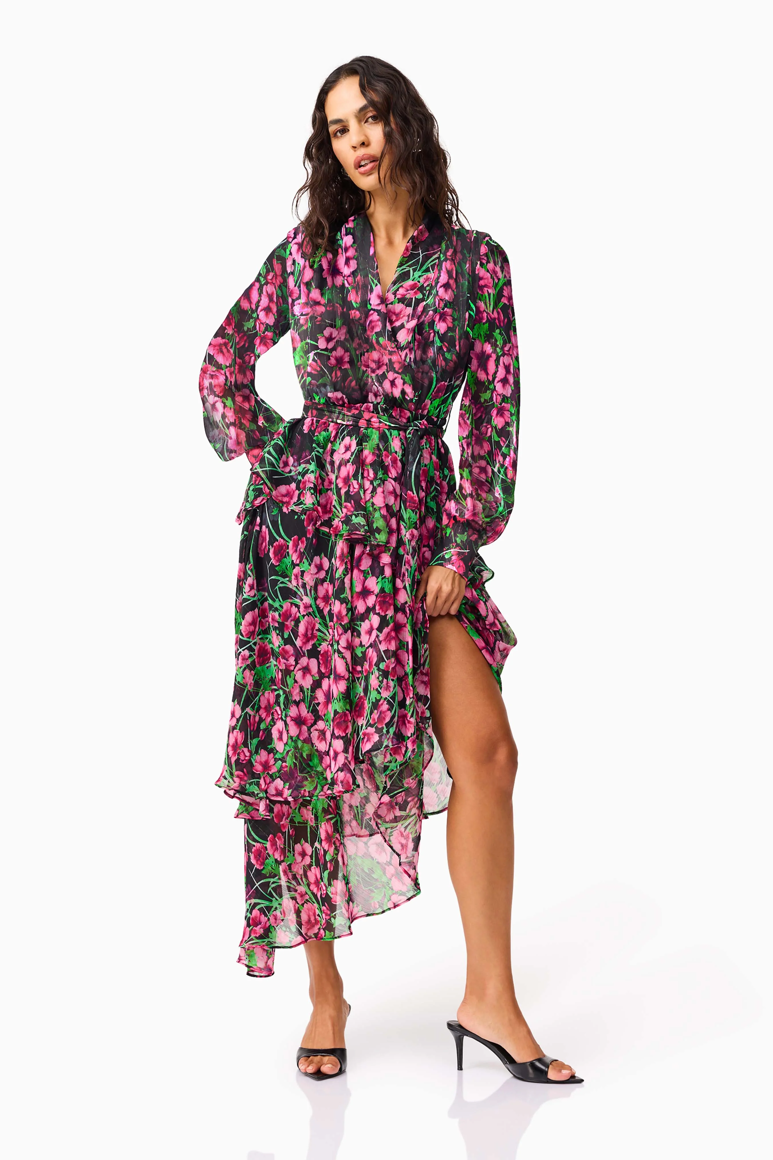 Estelle Long Sleeve Maxi Dress in Black & Pink Floral - Image 6