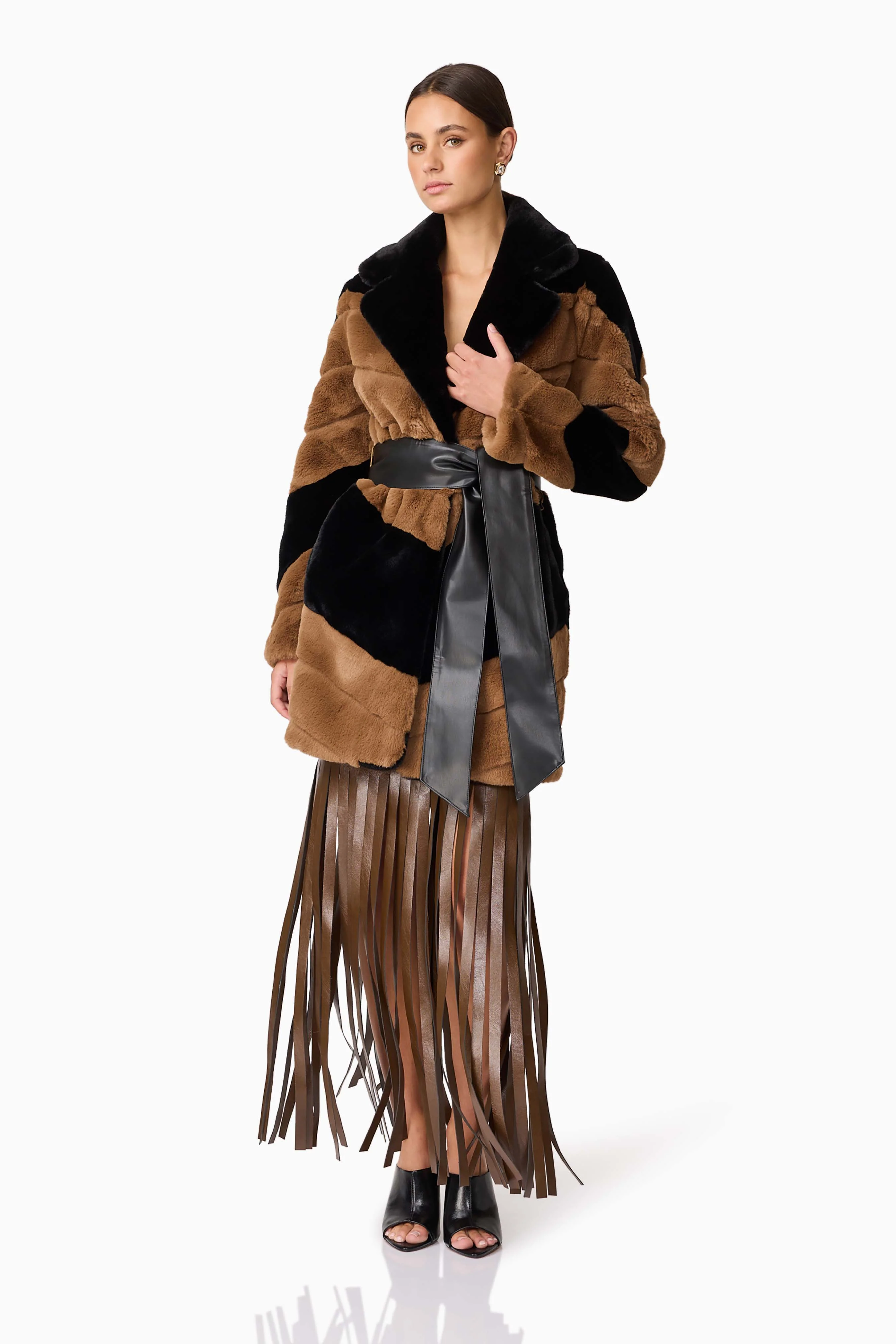 Felicia Faux Fur Coat in Black & Brown - Image 3