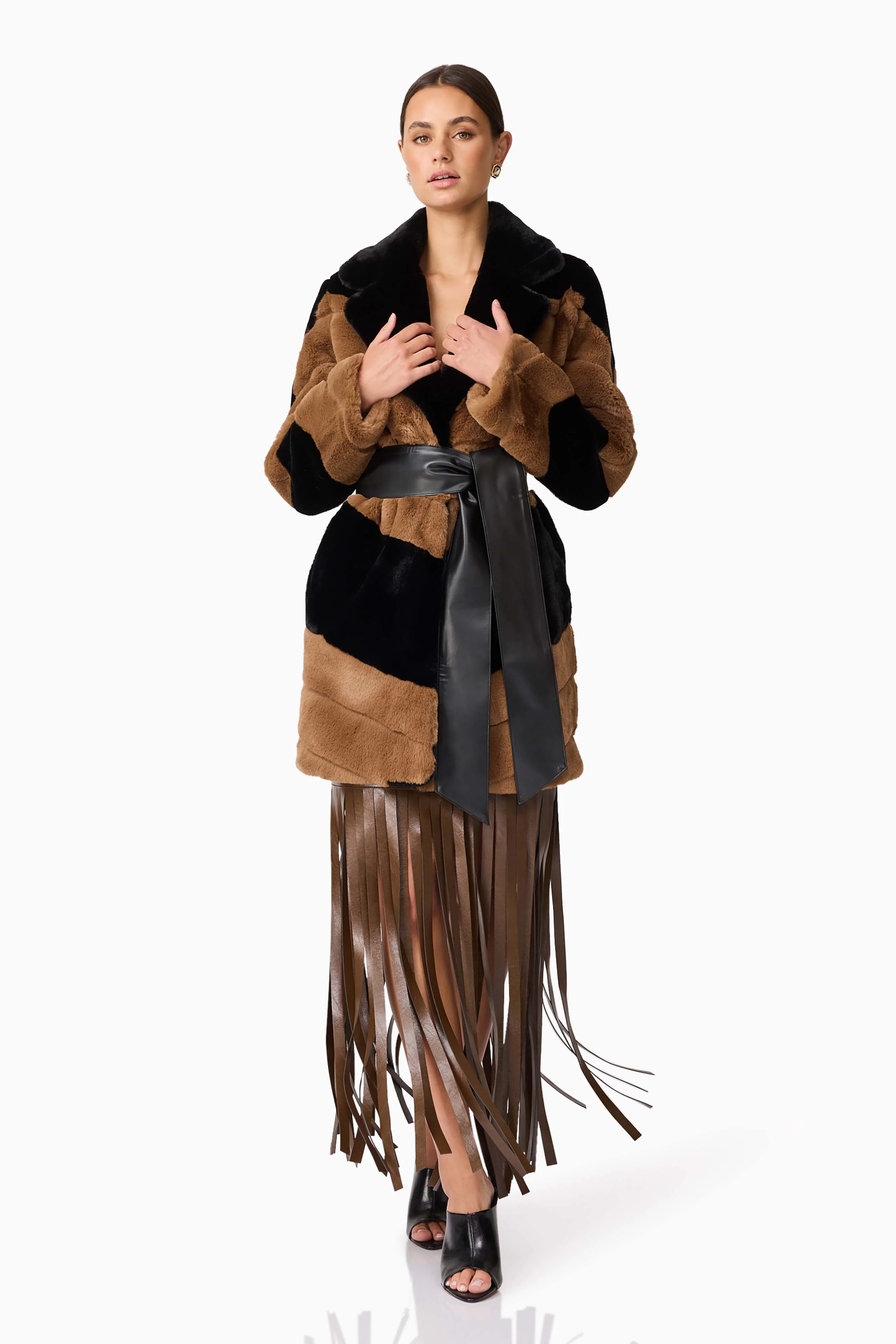 Felicia Faux Fur Coat in Black & Brown - Image 4