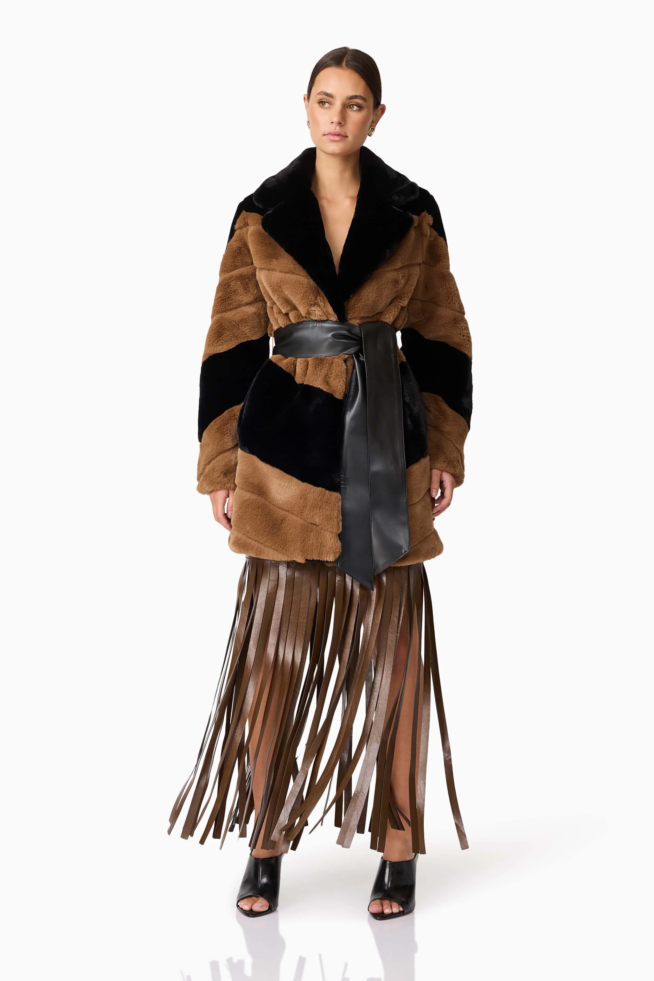 Felicia Faux Fur Coat in Black & Brown - Image 5