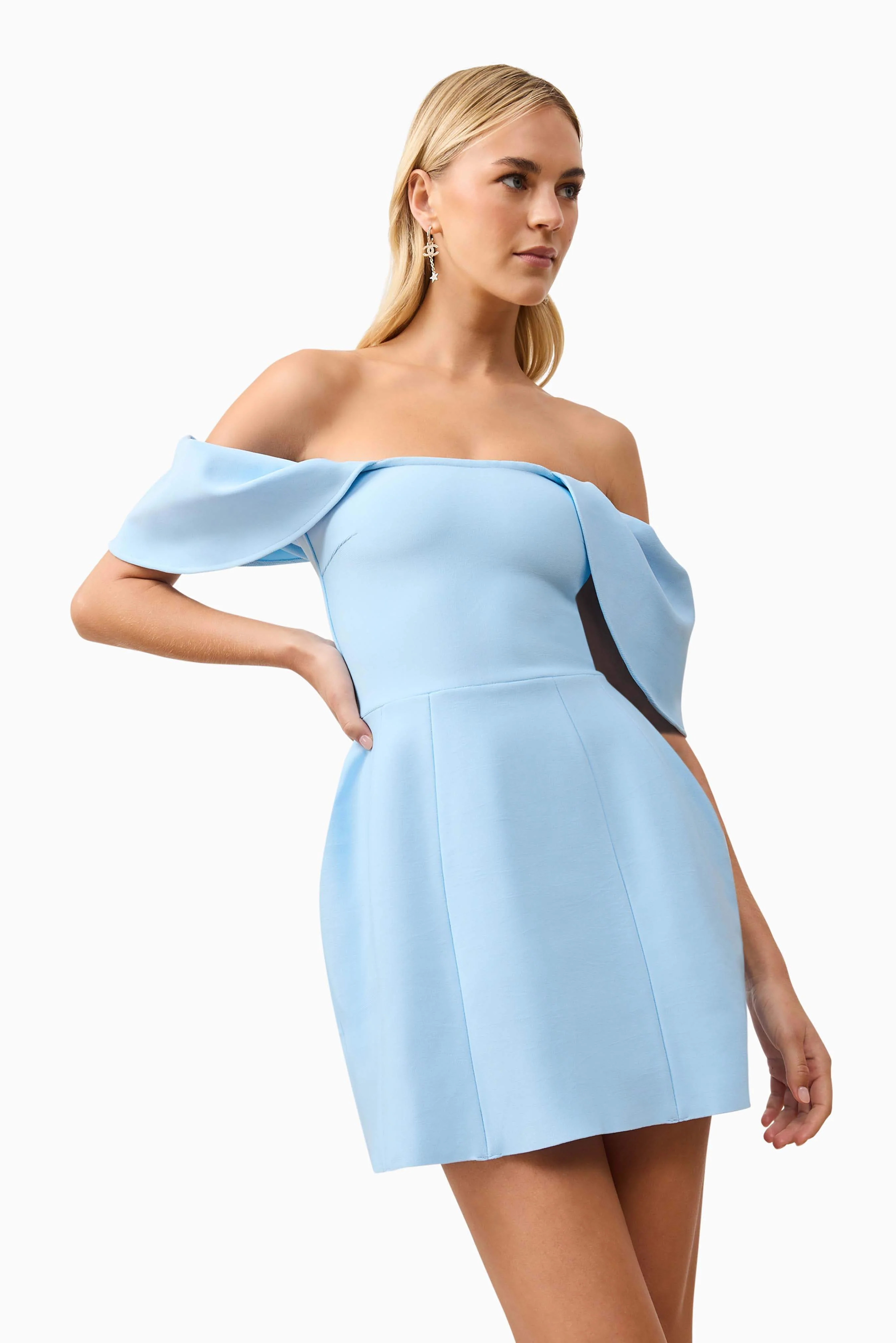 Fiona Off The Shoulder Mini Dress in Blue - Image 6