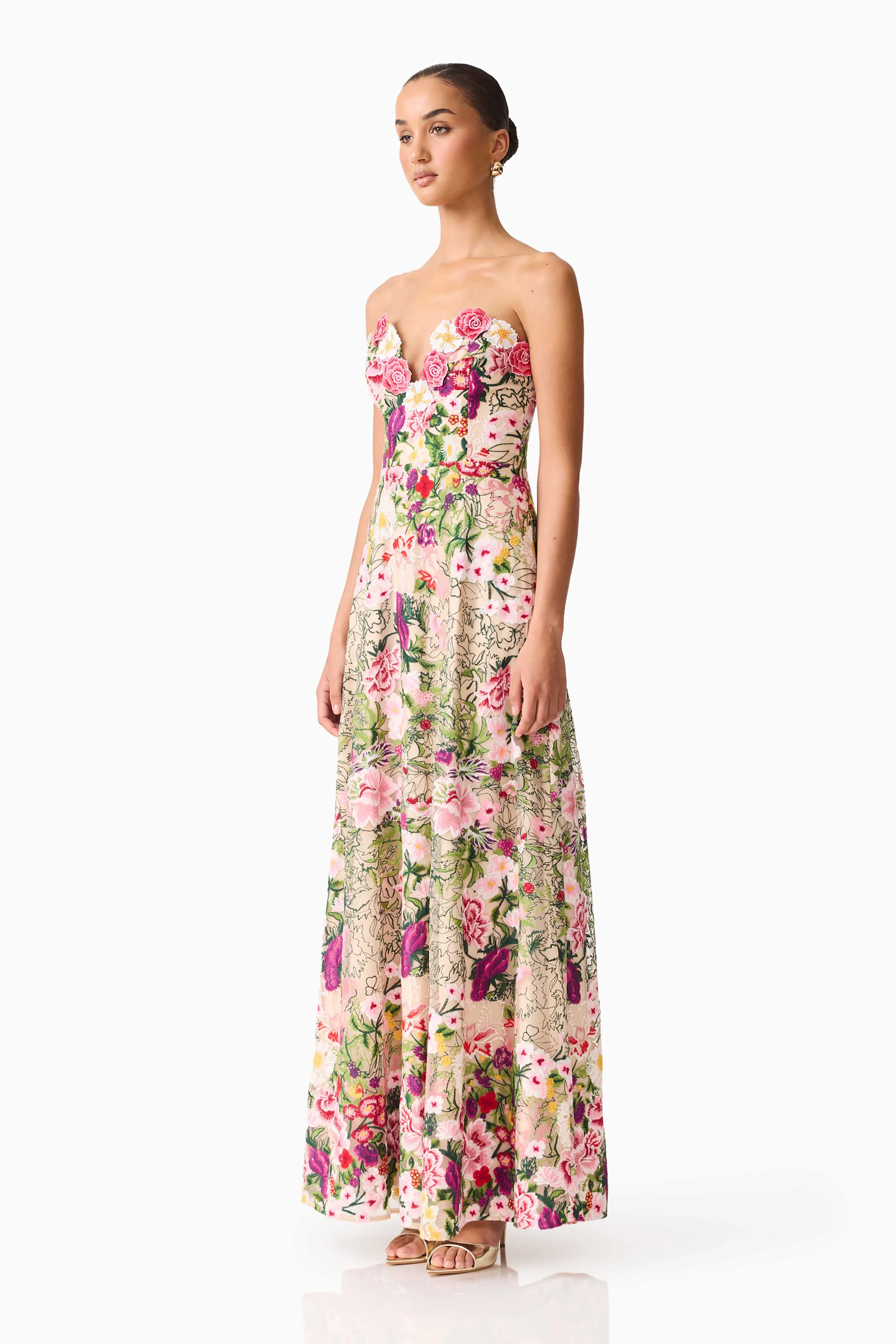 Flora Strapless Gown in Pink & Green Floral - Image 3