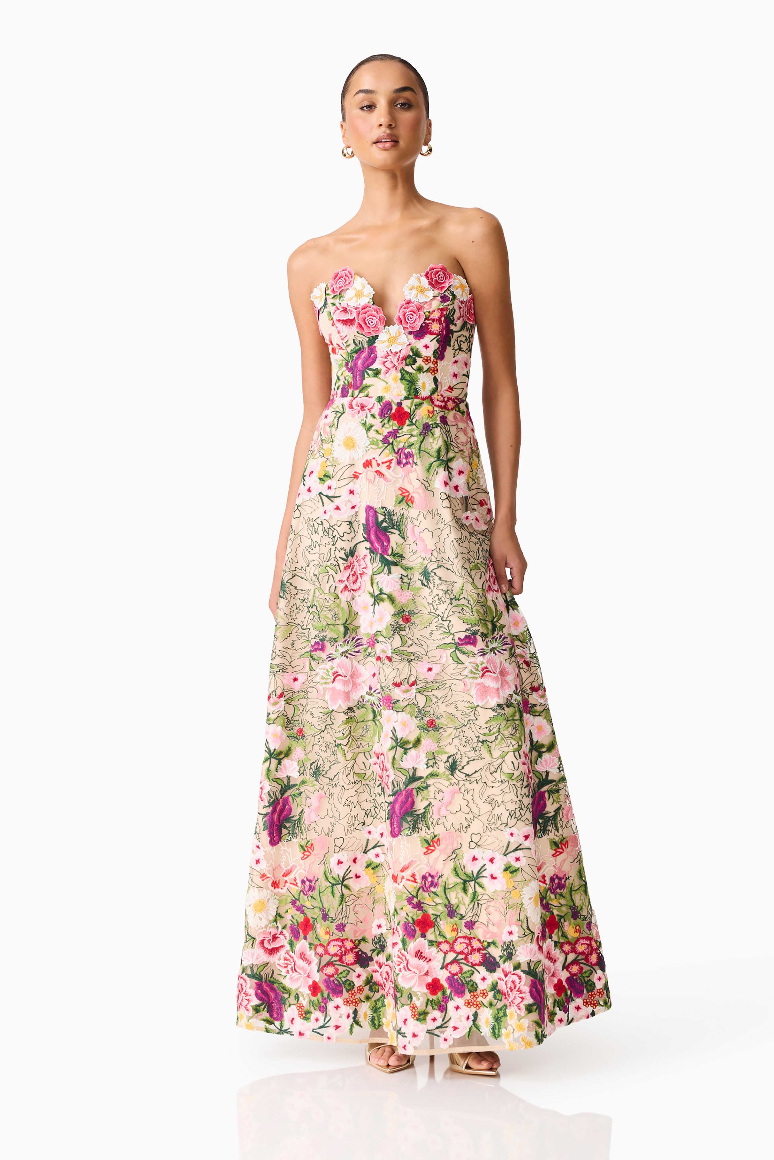 Flora Strapless Gown in Pink & Green Floral - Image 4