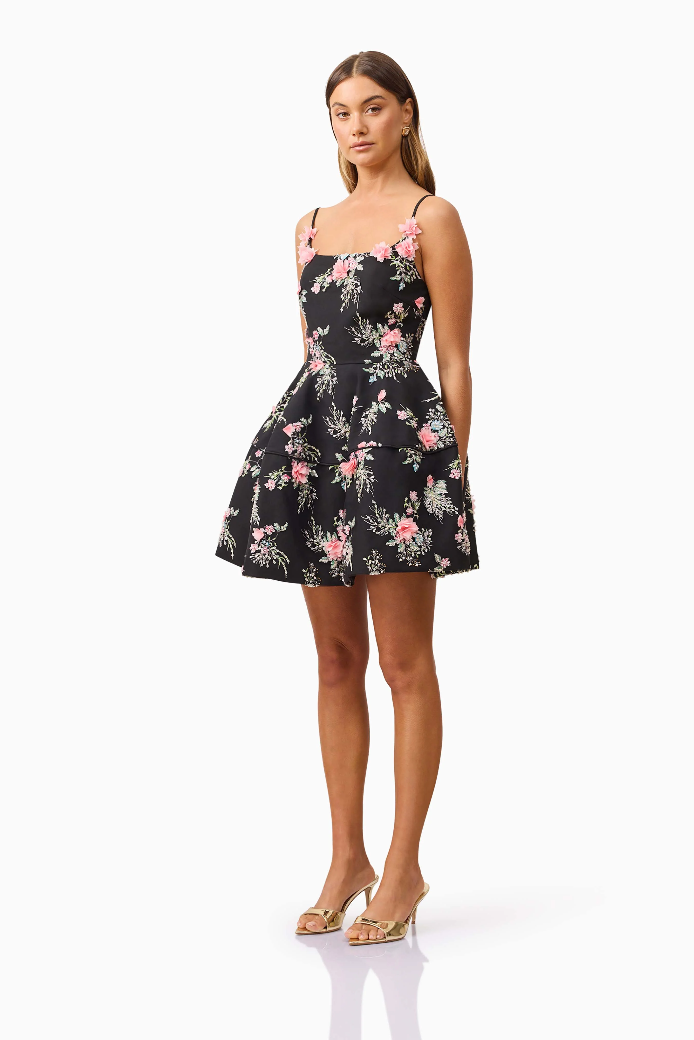 Gaia Floral Mini Dress in Black - Image 3