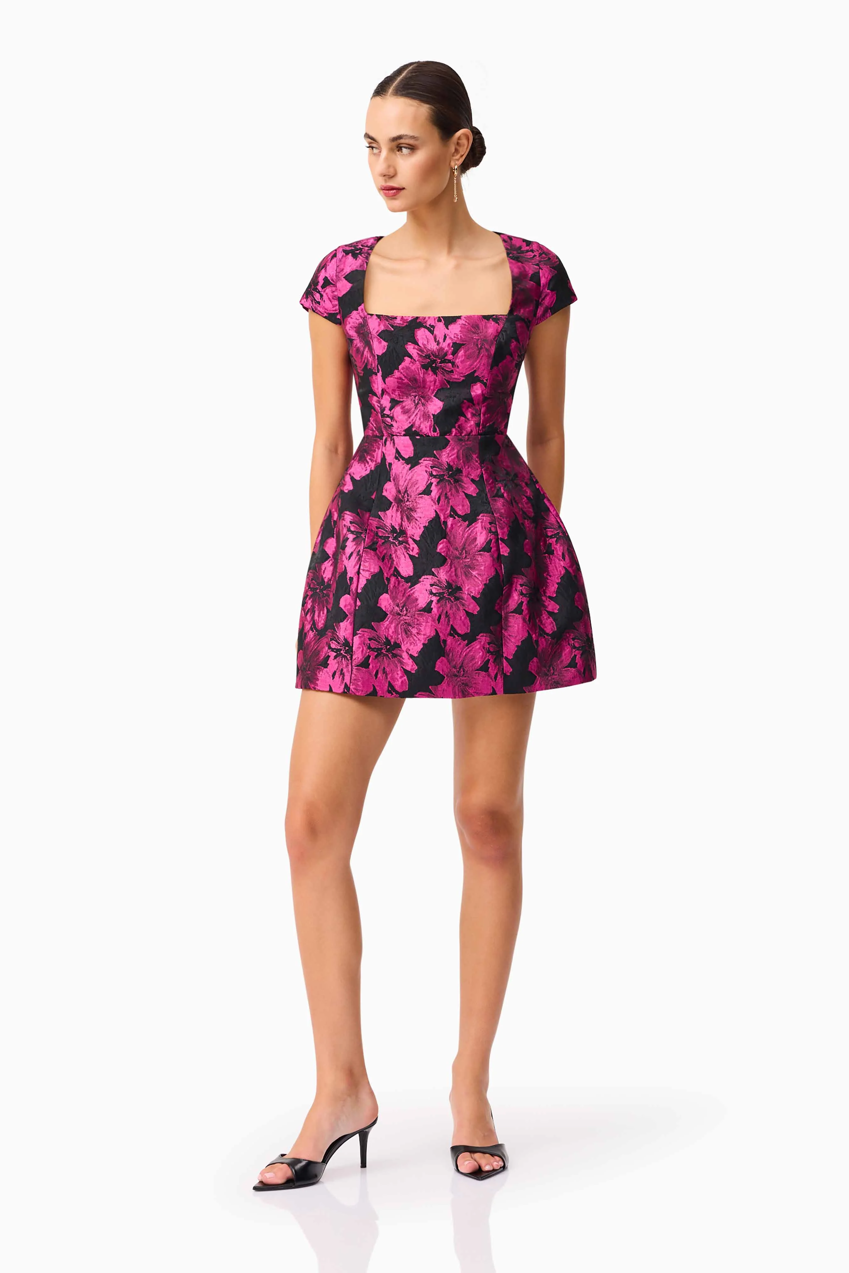 Holly Short Sleeve Mini Dress in Pink & Black Floral - Image 4