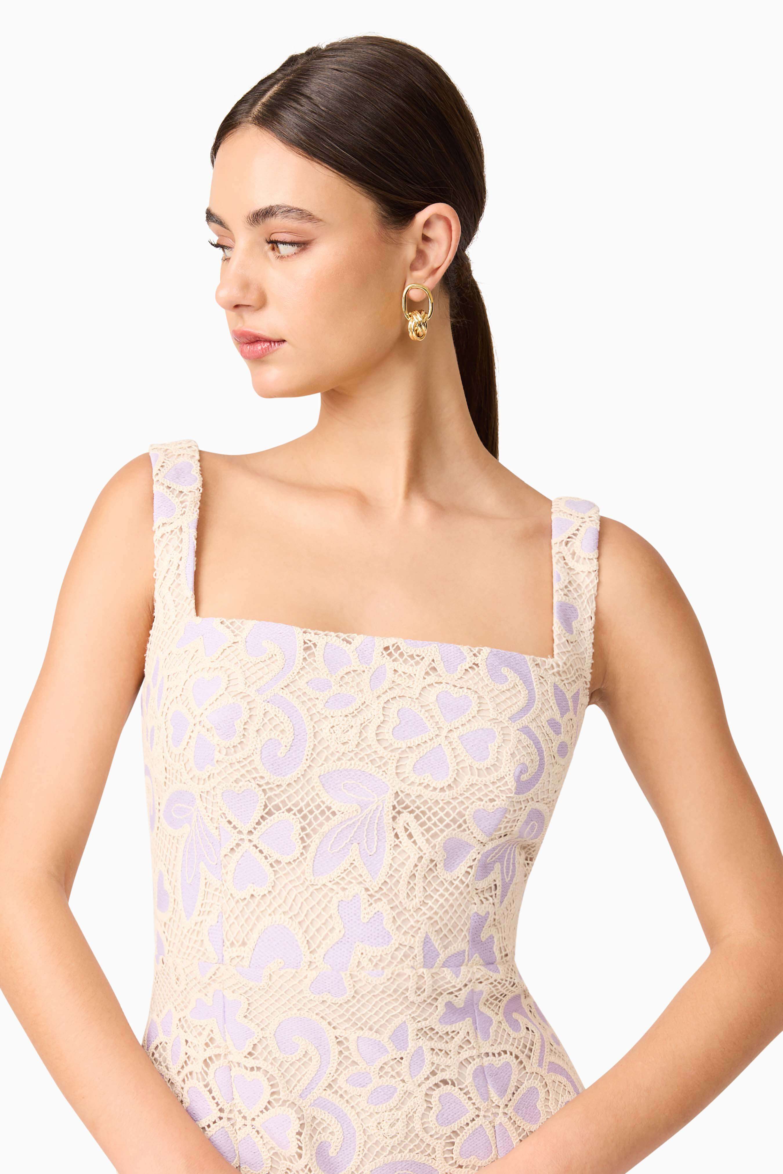 Jasmine A-Line Midi Dress in Purple & Beige - Image 2