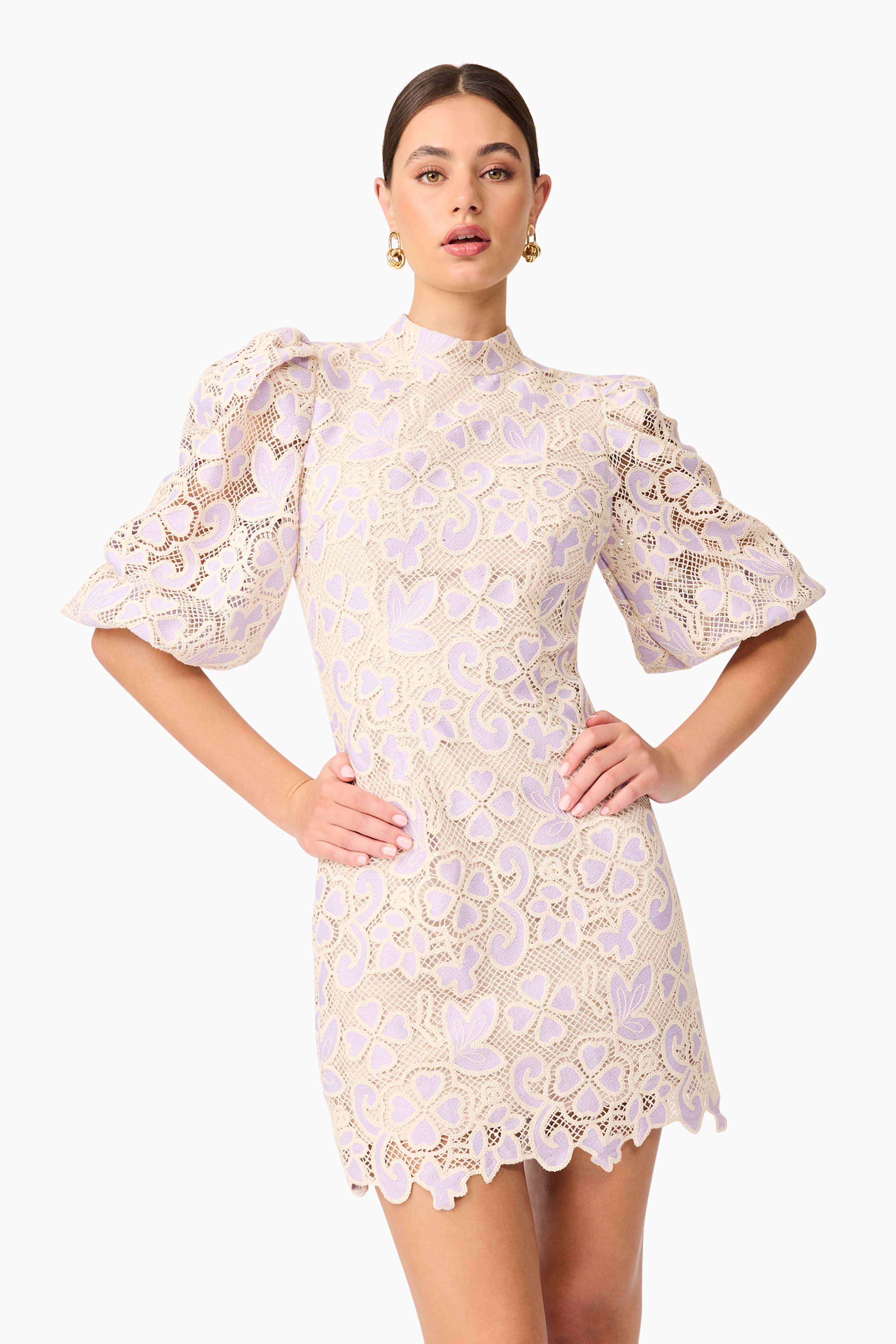 Jasmine Puff Sleeve Mini Dress in Purple & Beige - Image 2