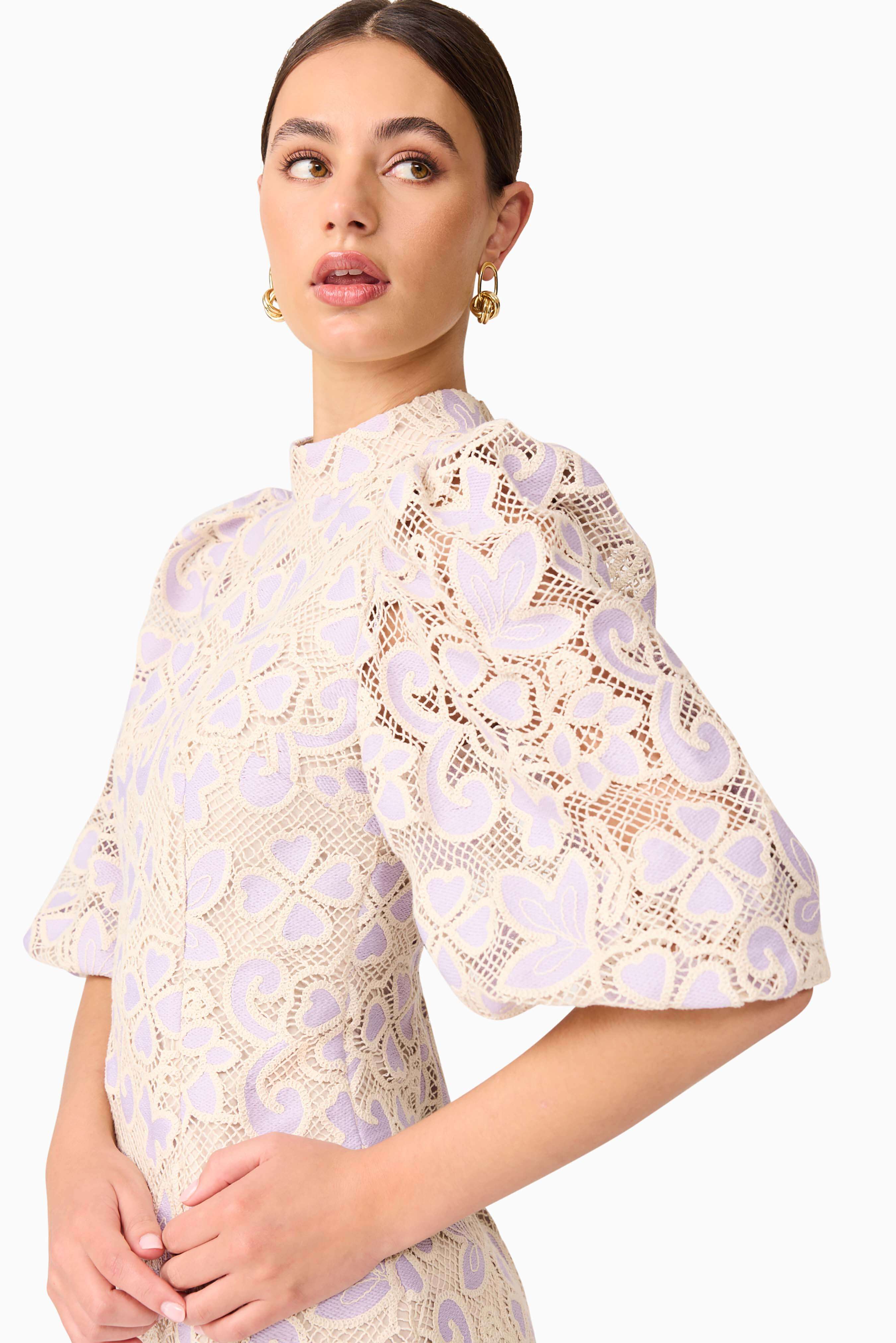 Jasmine Puff Sleeve Mini Dress in Purple & Beige - Image 6