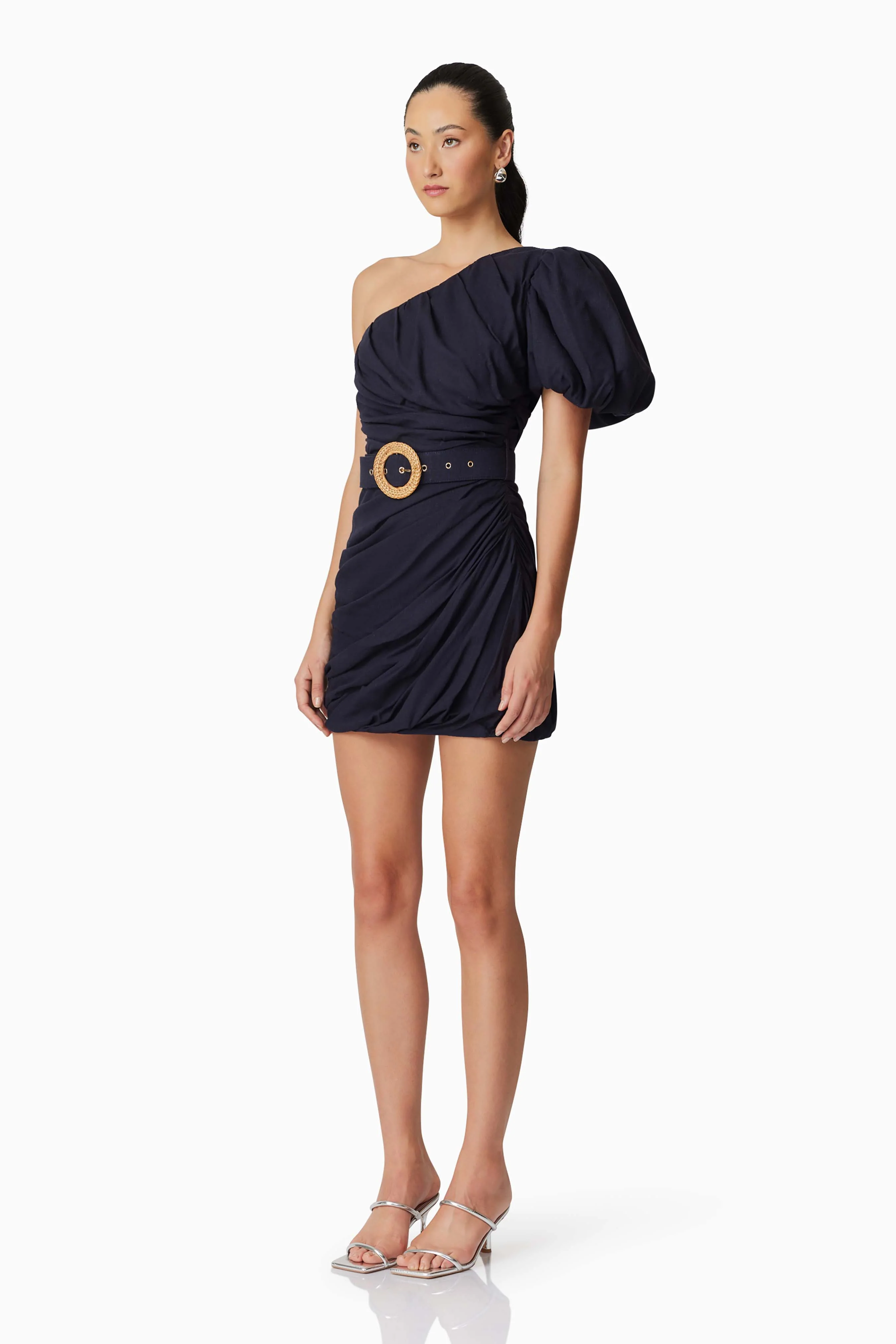 Kara Asymmetrical Mini Dress in Navy - Image 2