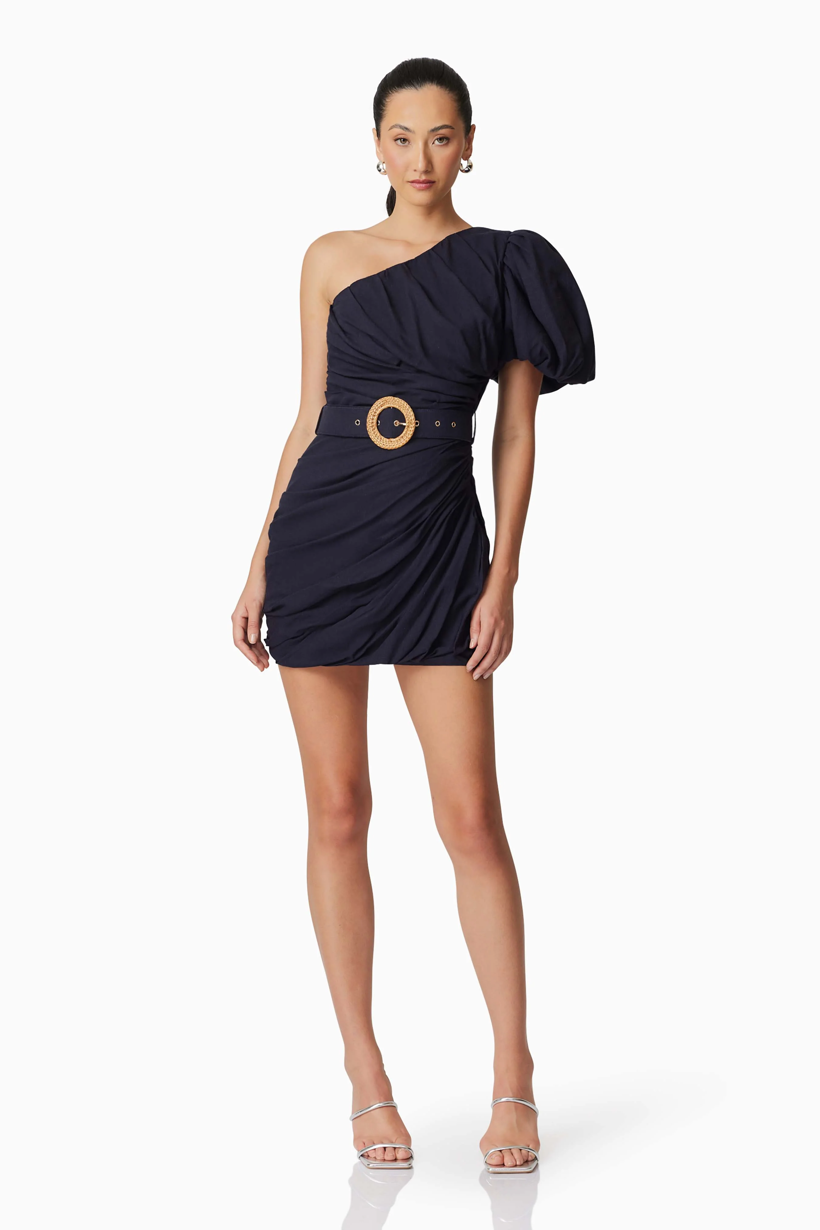 Kara Asymmetrical Mini Dress in Navy - Image 3