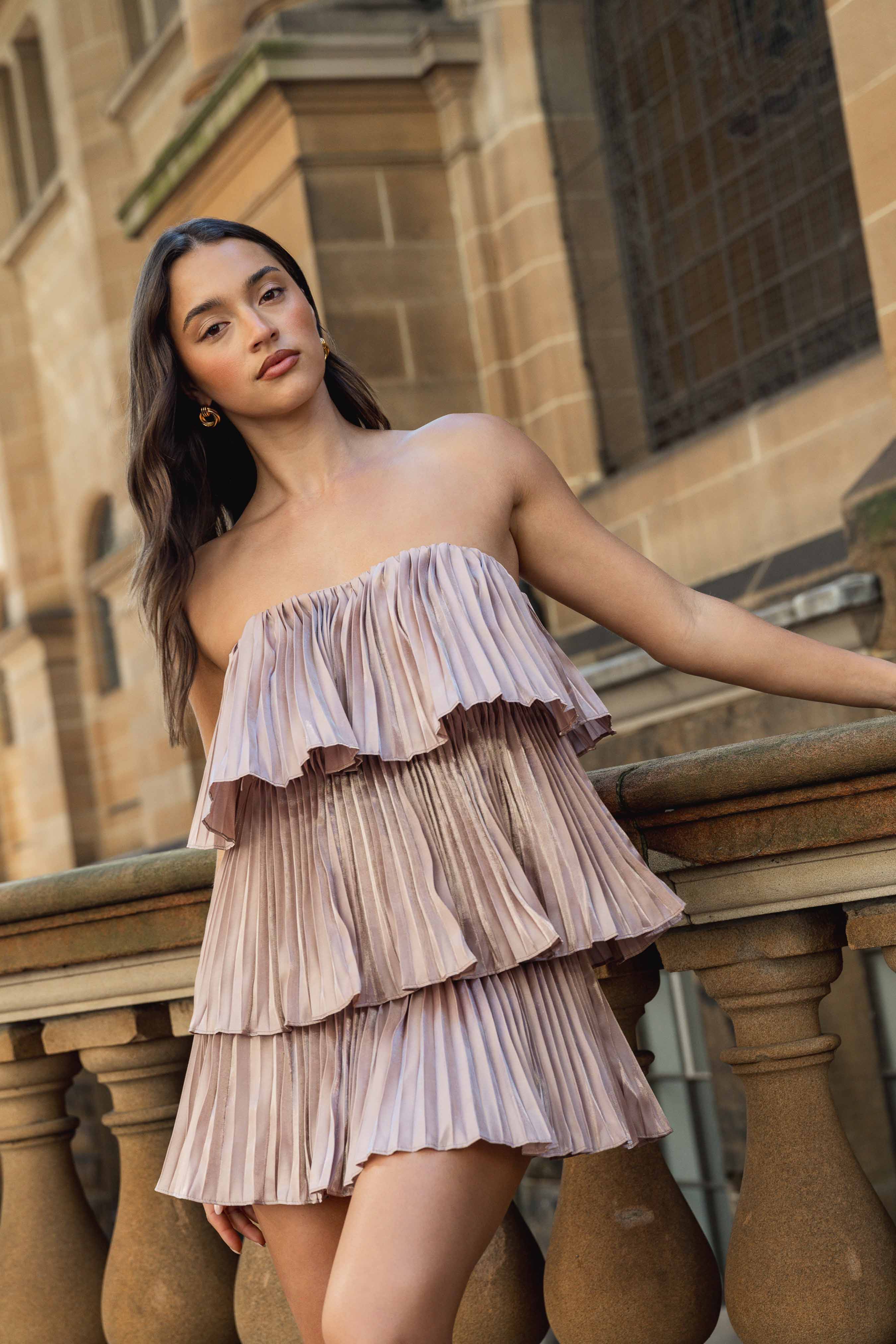 Lison Tiered Strapless Mini Dress in Pink - Image 3
