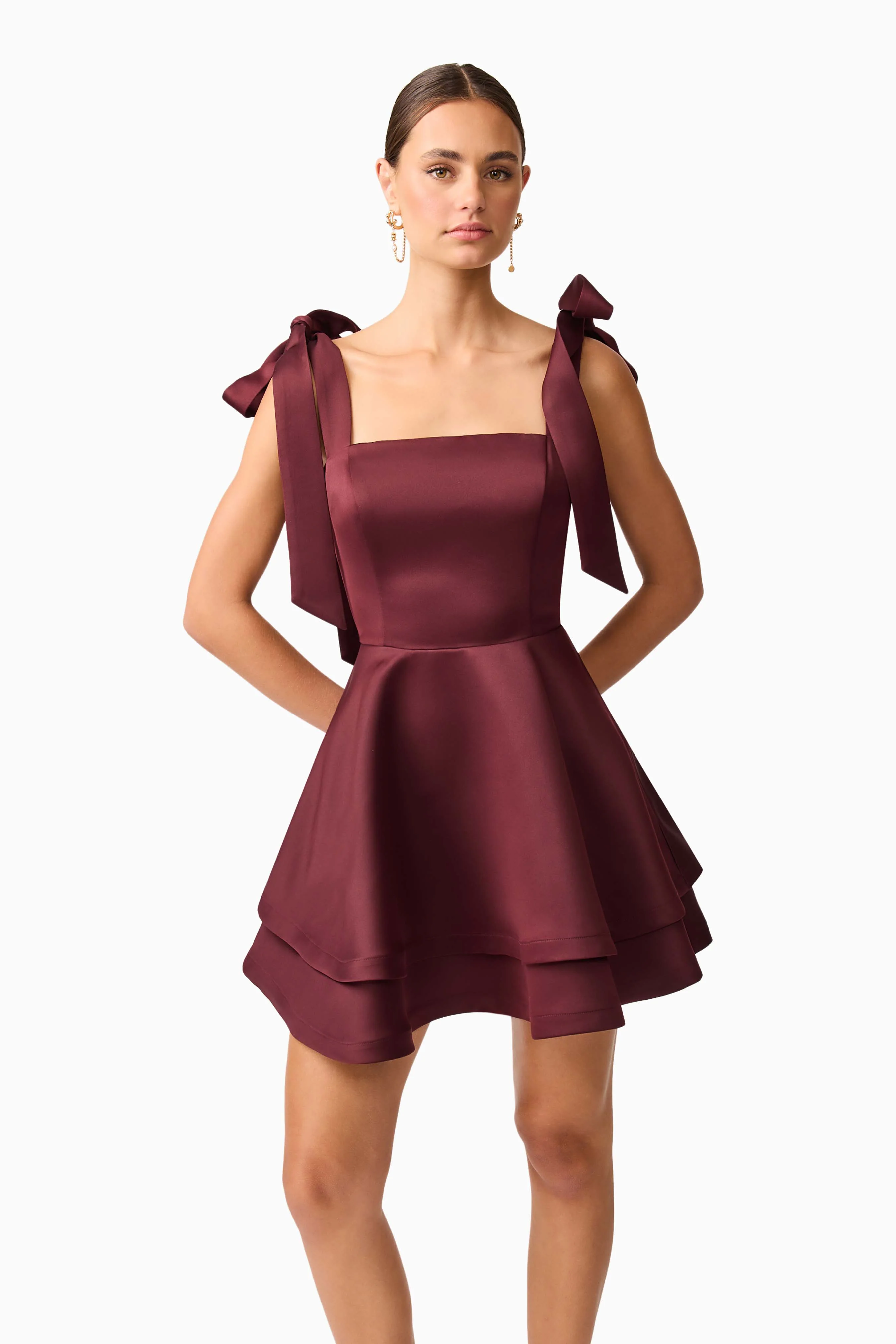 Livia Tiered Mini Dress in Burgundy - Image 2
