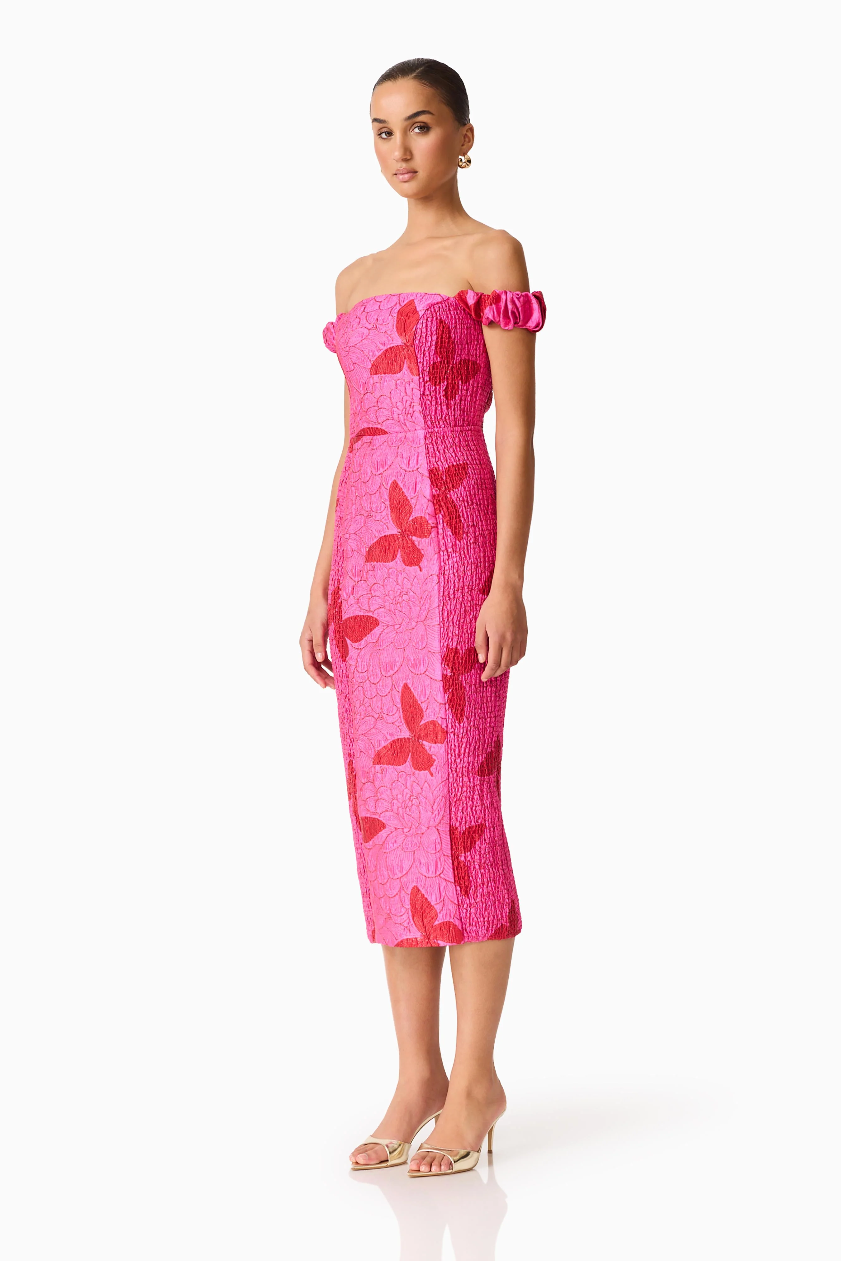 Lorena Jacquard Off Shoulder Midi Dress in Pink - Image 2