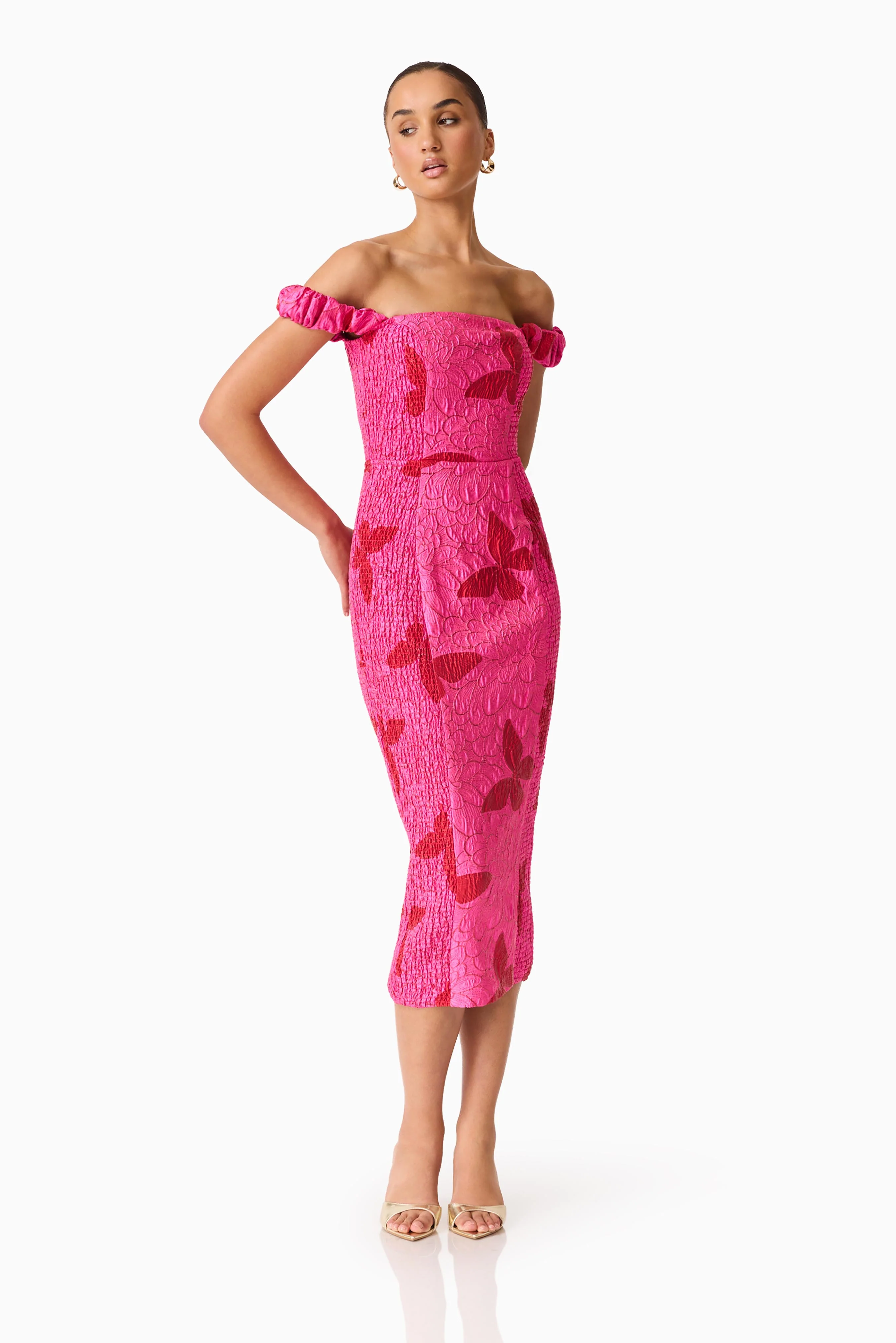 Lorena Jacquard Off Shoulder Midi Dress in Pink - Image 3