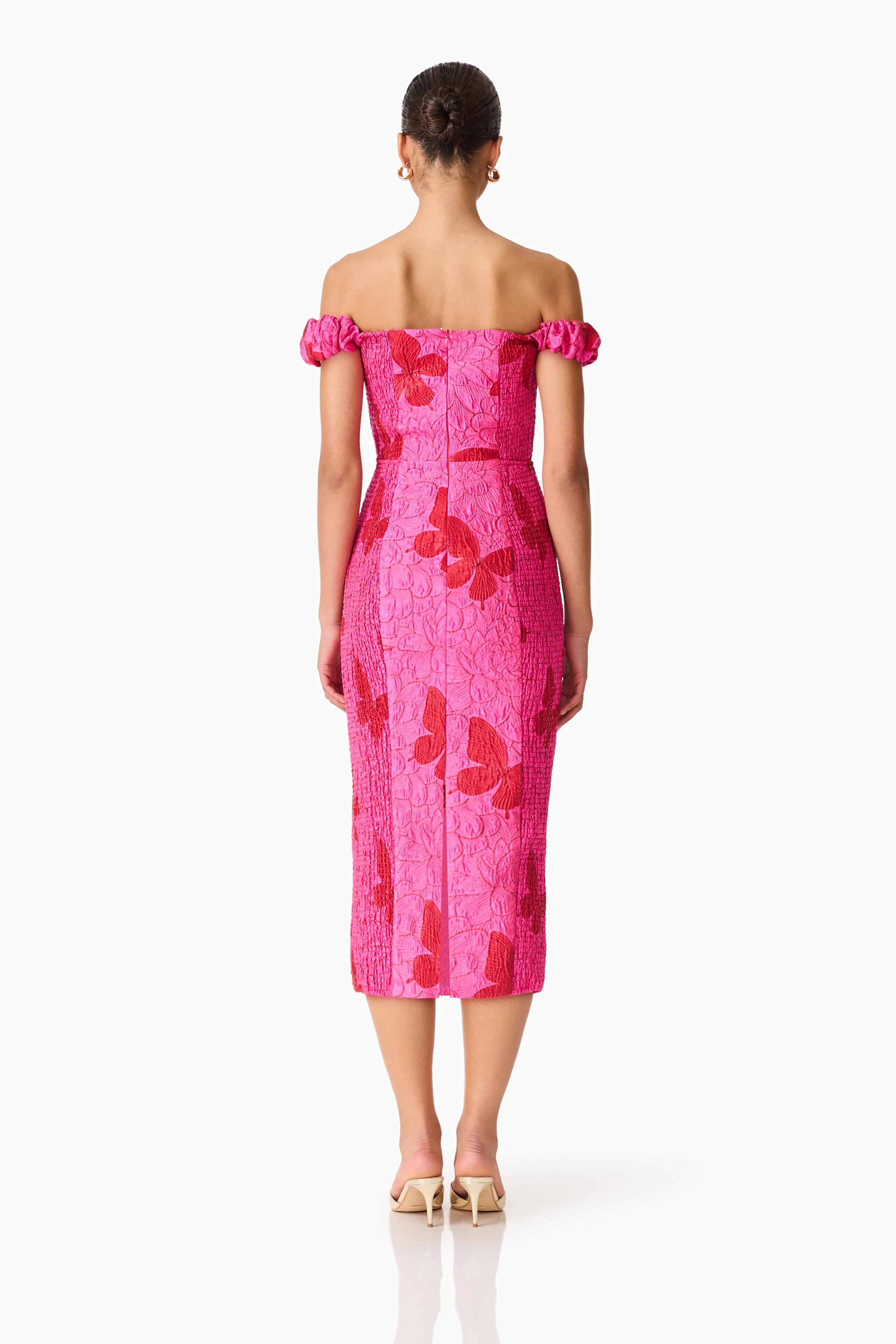 Lorena Jacquard Off Shoulder Midi Dress in Pink - Image 4