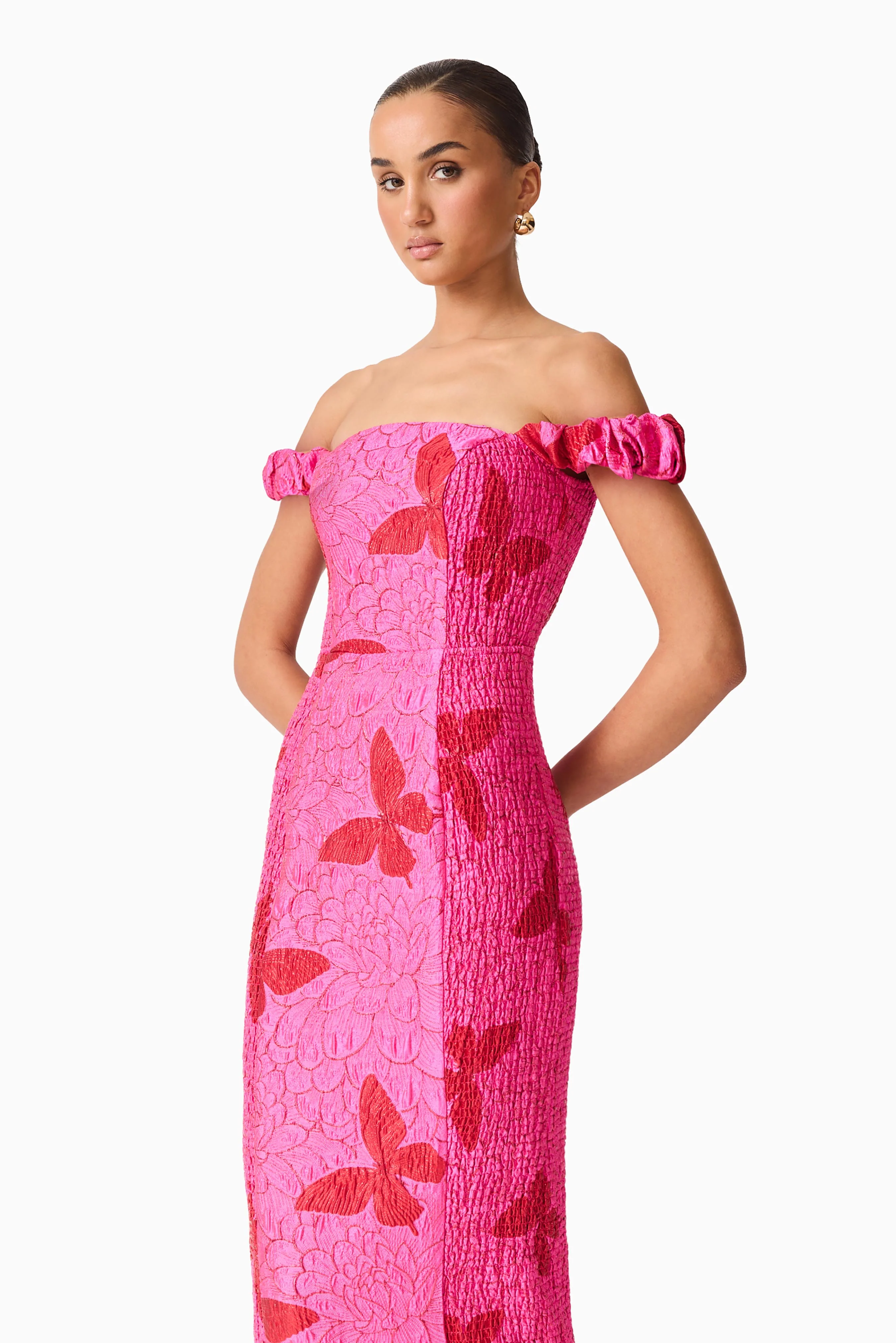 Lorena Jacquard Off Shoulder Midi Dress in Pink - Image 5