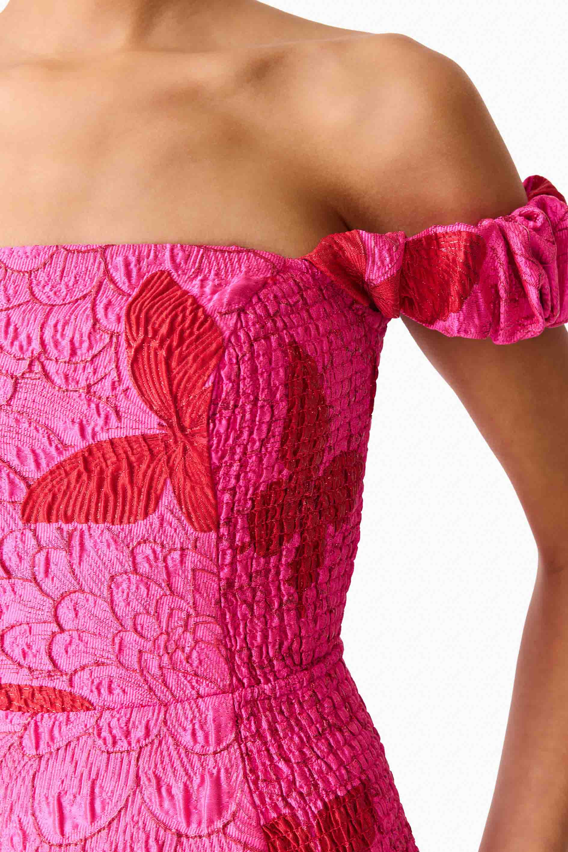 Lorena Jacquard Off Shoulder Midi Dress in Pink - Image 6