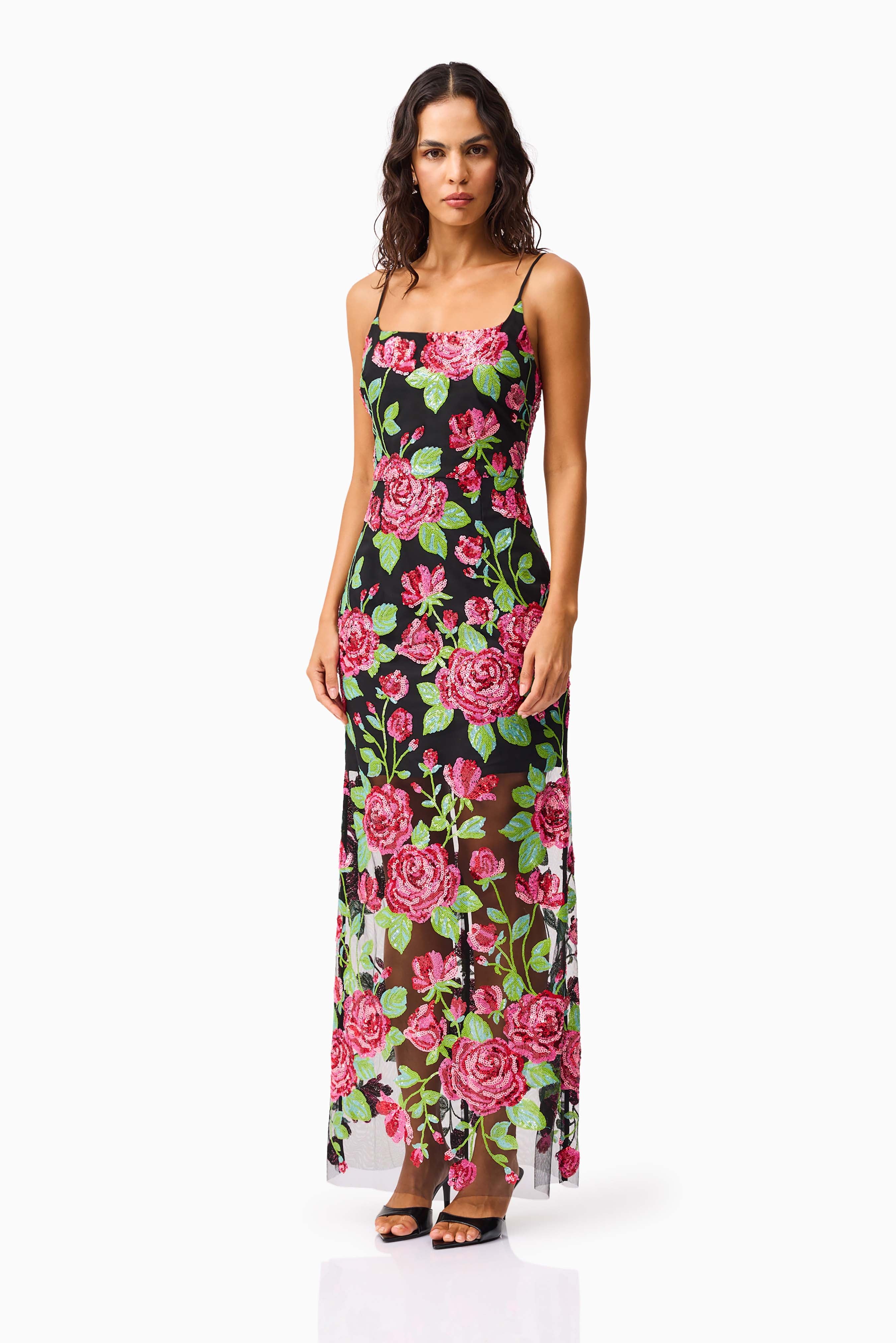 Lyra Sequin Gown in Pink & Green Floral - Image 3