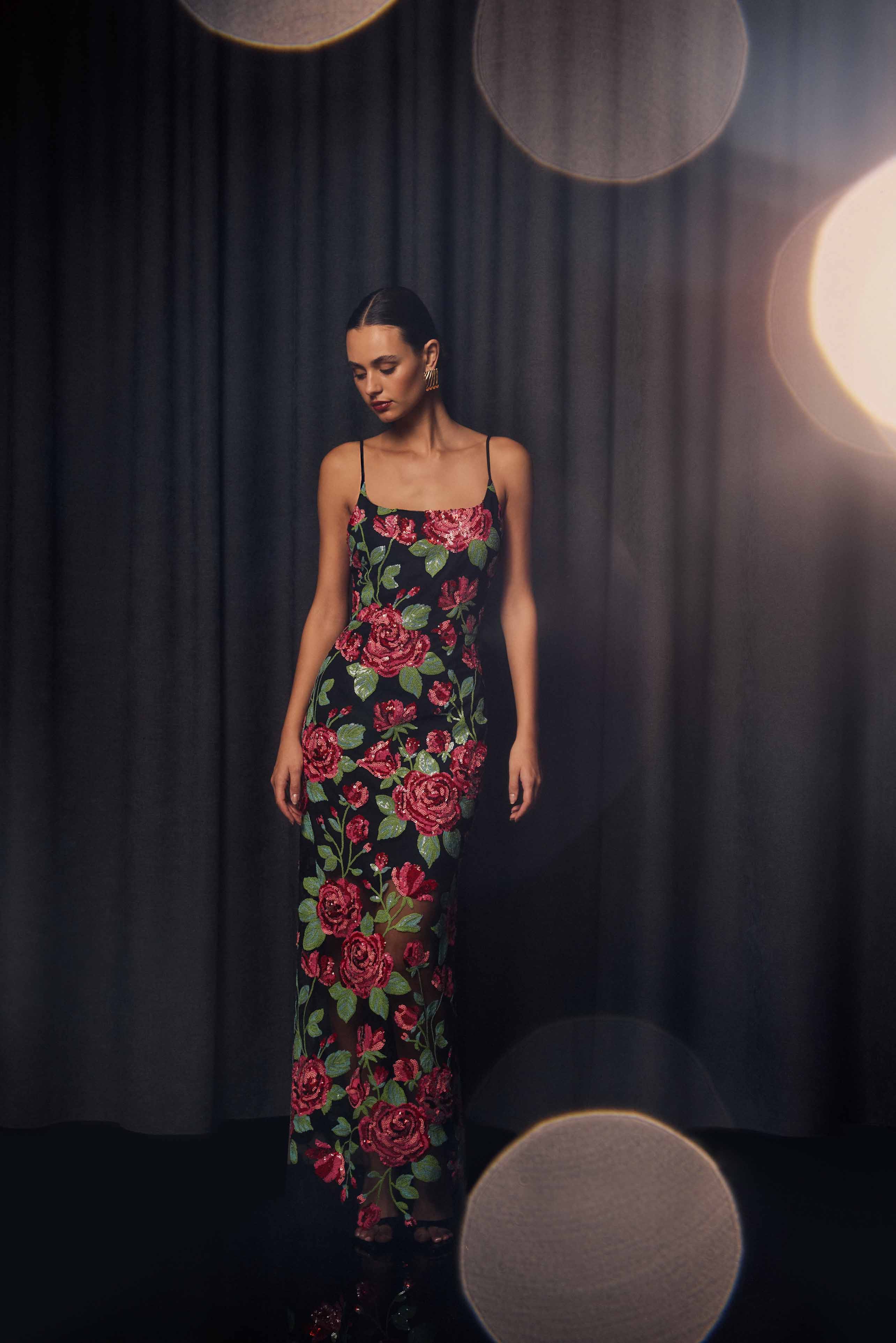 Lyra Sequin Gown in Pink & Green Floral - Image 5