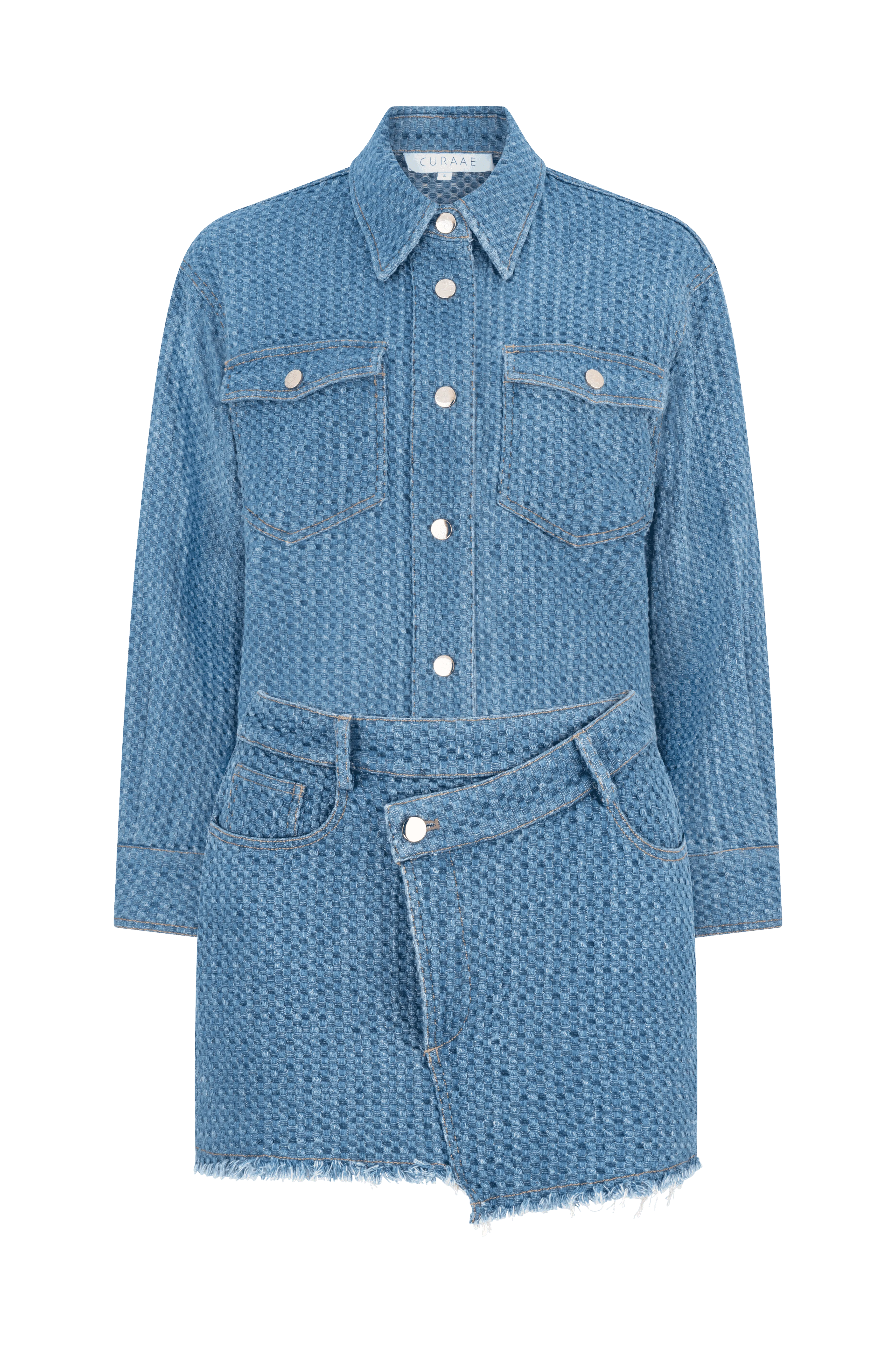 CURAAE Lyra Two Piece Textured Denim Button Asymmetrical Set In Mid Blue - Image 4