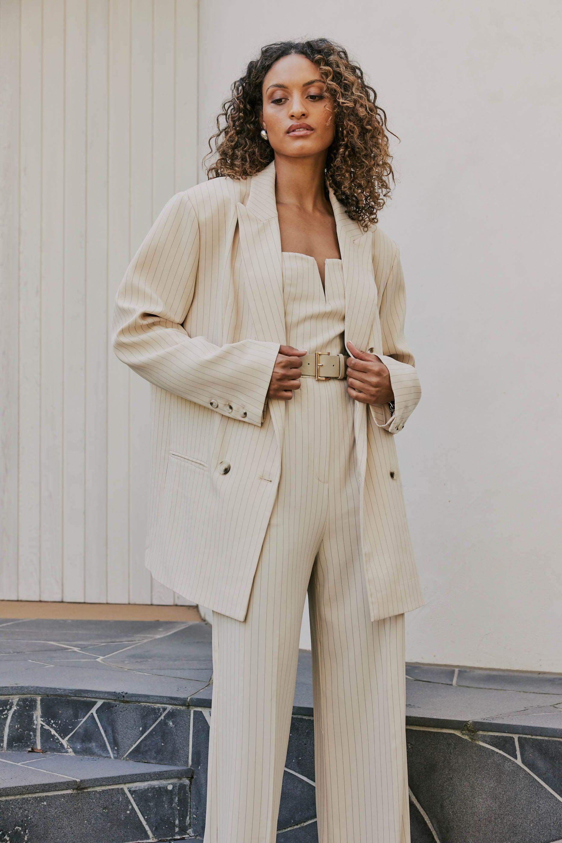 CURAAE Lyric Oversized Pinstripe Blazer In Beige - Image 2