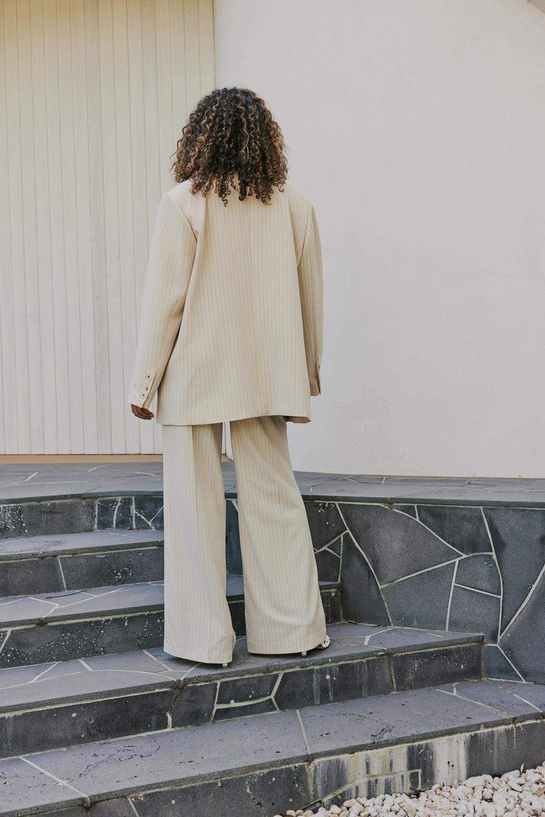CURAAE Lyric Oversized Pinstripe Blazer In Beige - Image 3