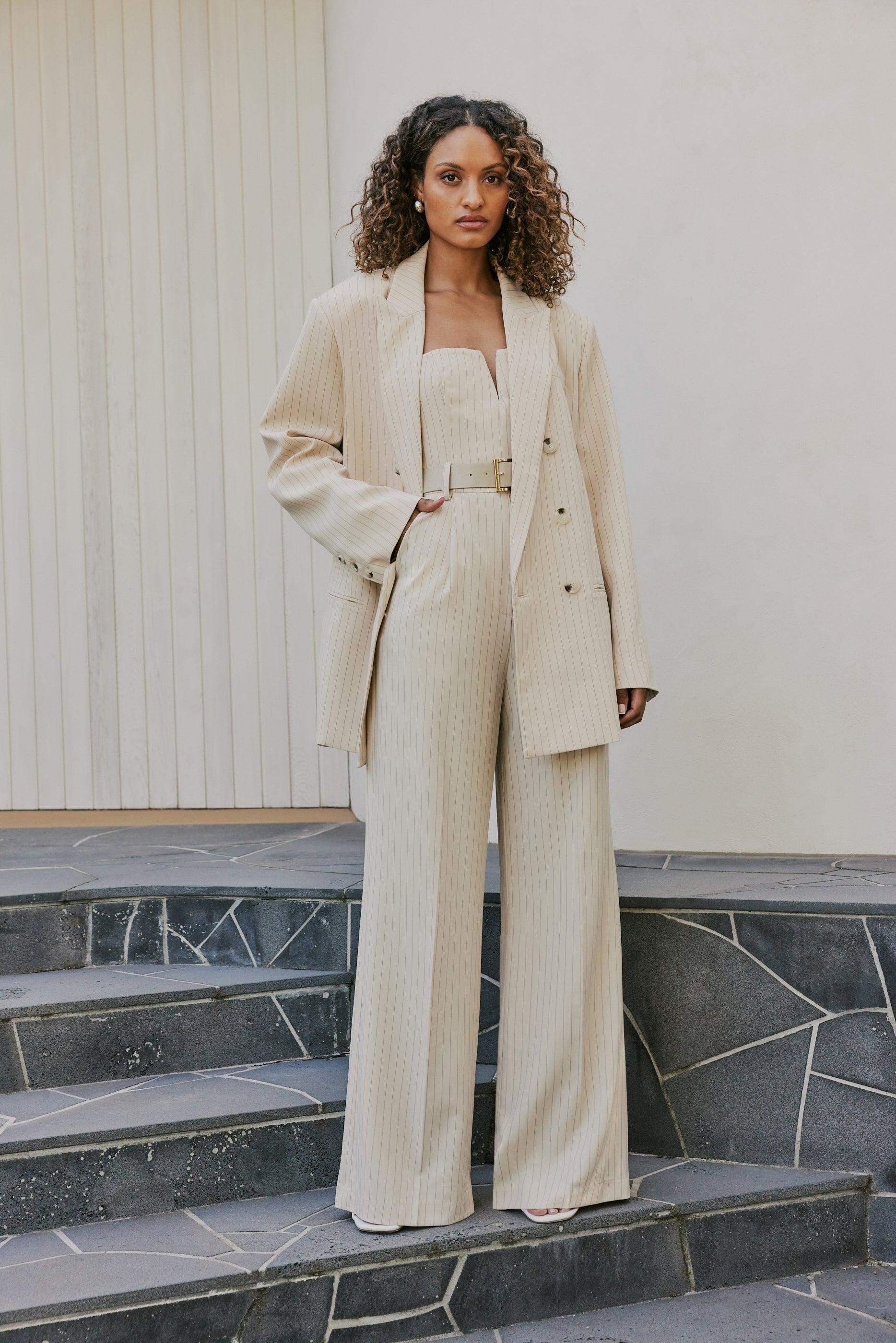 CURAAE Lyric Oversized Pinstripe Blazer In Beige - Image 4