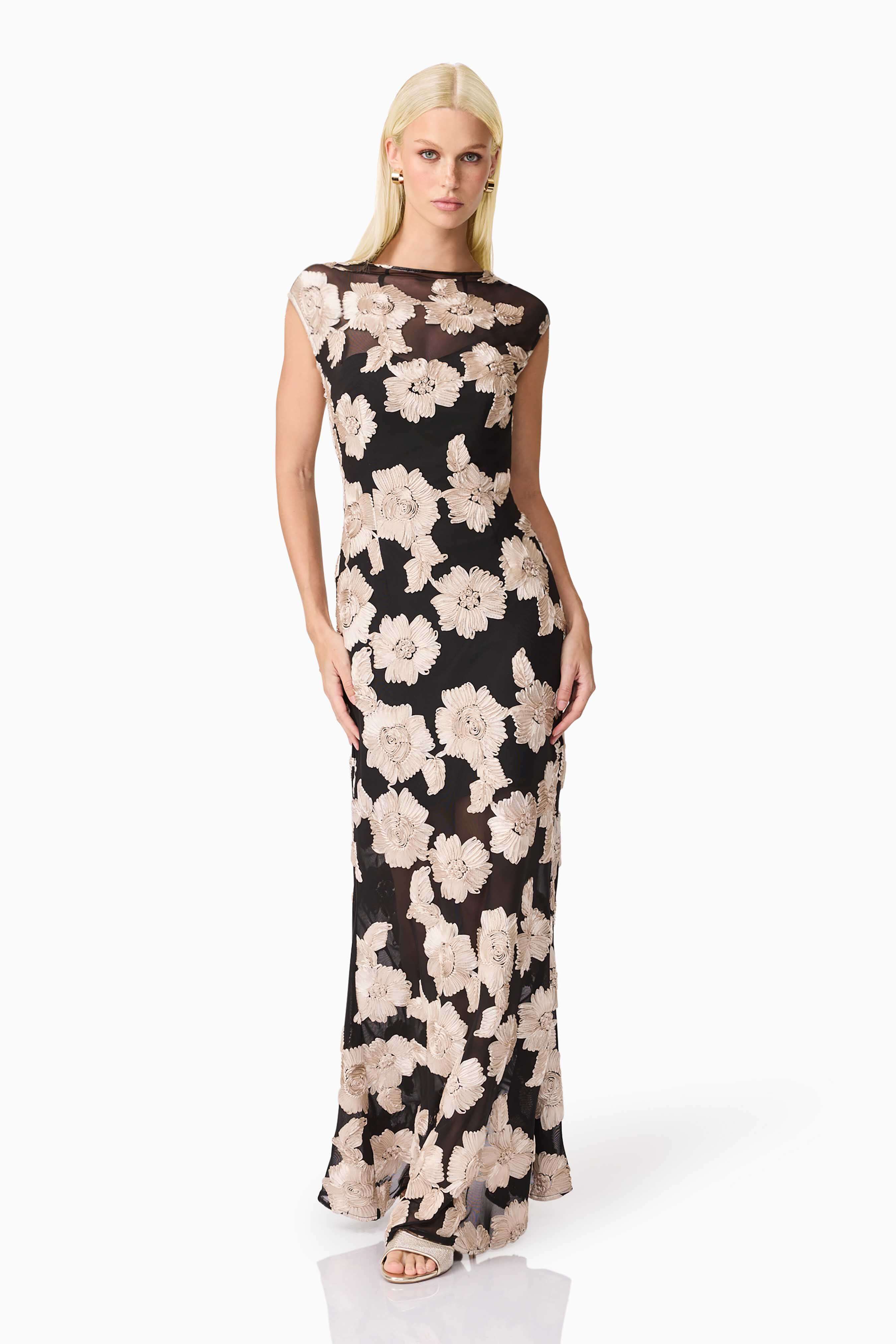 Margaux Fit & Flare Gown in Black & Gold Floral - Image 4