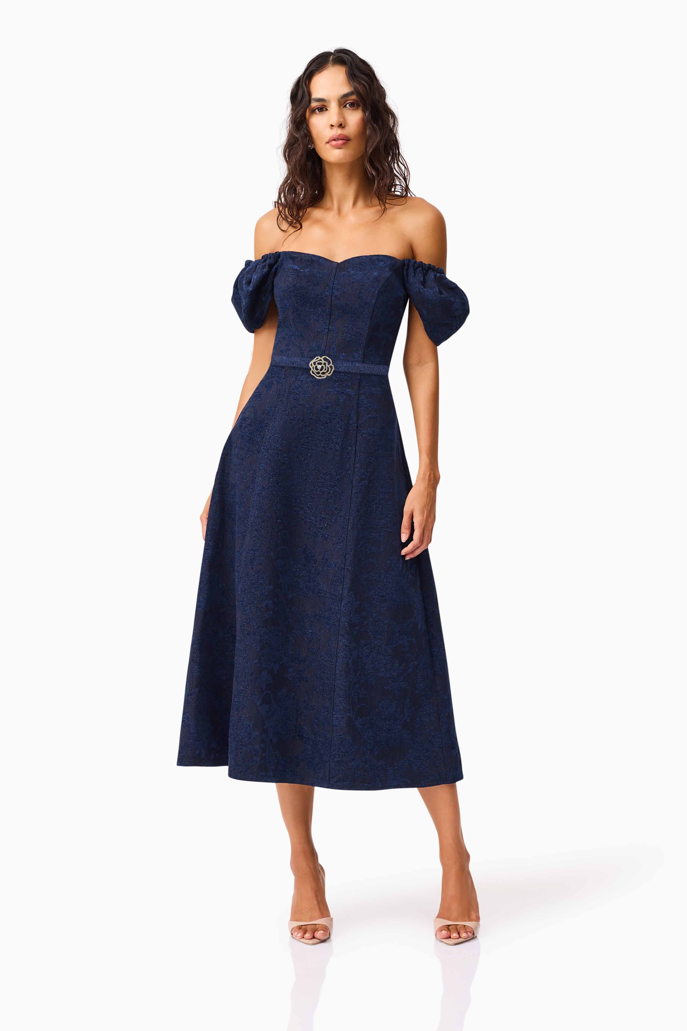 Melody Jacquard Short Sleeve Midi Dress in Blue - Image 2