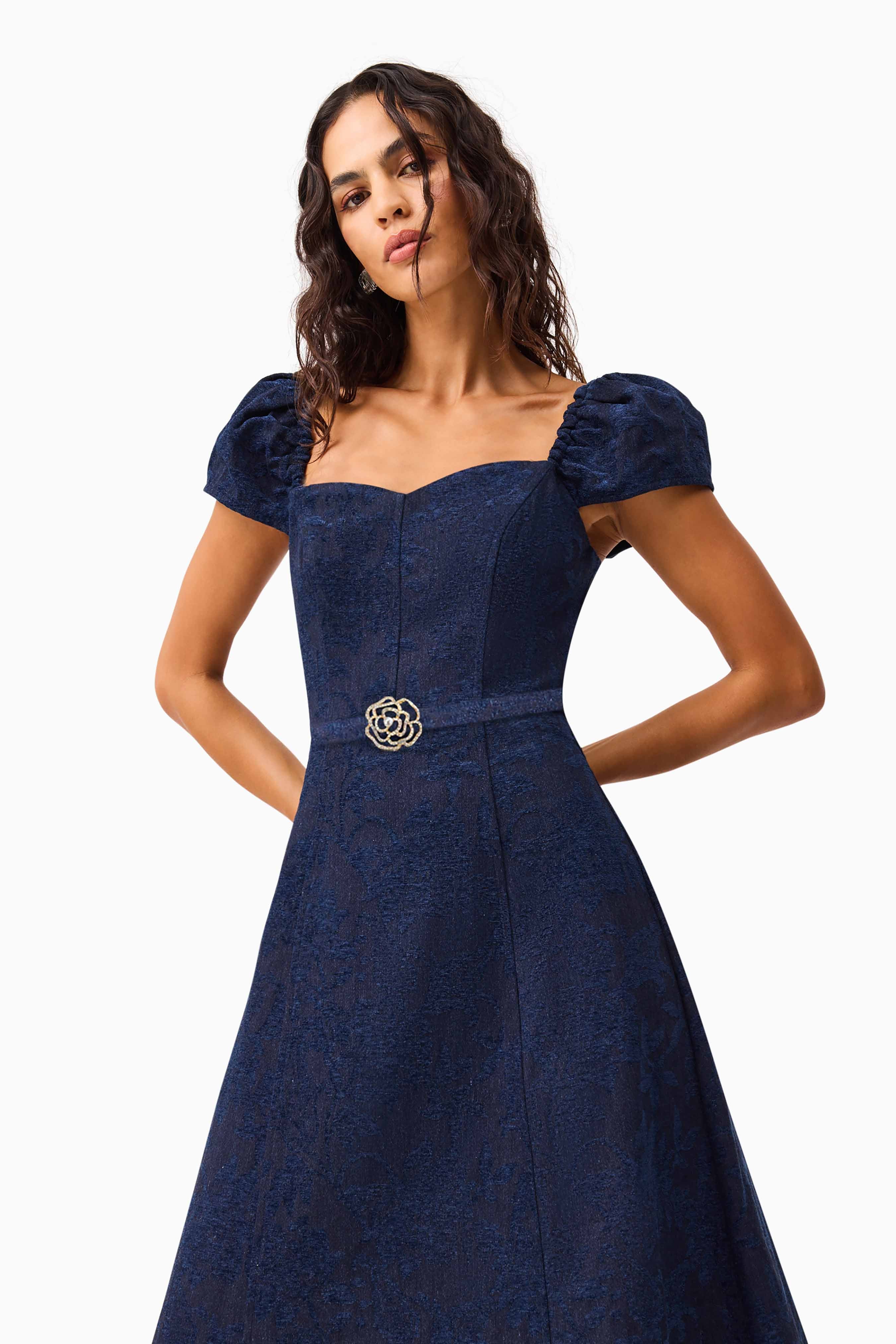 Melody Jacquard Short Sleeve Midi Dress in Blue - Image 3